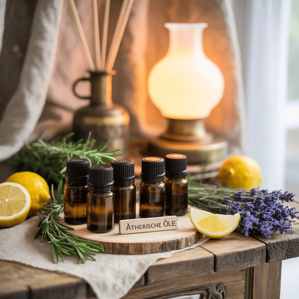 Ätherische Öle in braunen Glasfläschchen auf Holztablett, umgeben von frischen Zitronen, Lavendel und Rosmarin, dekorativ arrangiert vor einer warm leuchtenden Lampe auf einem Holztisch.