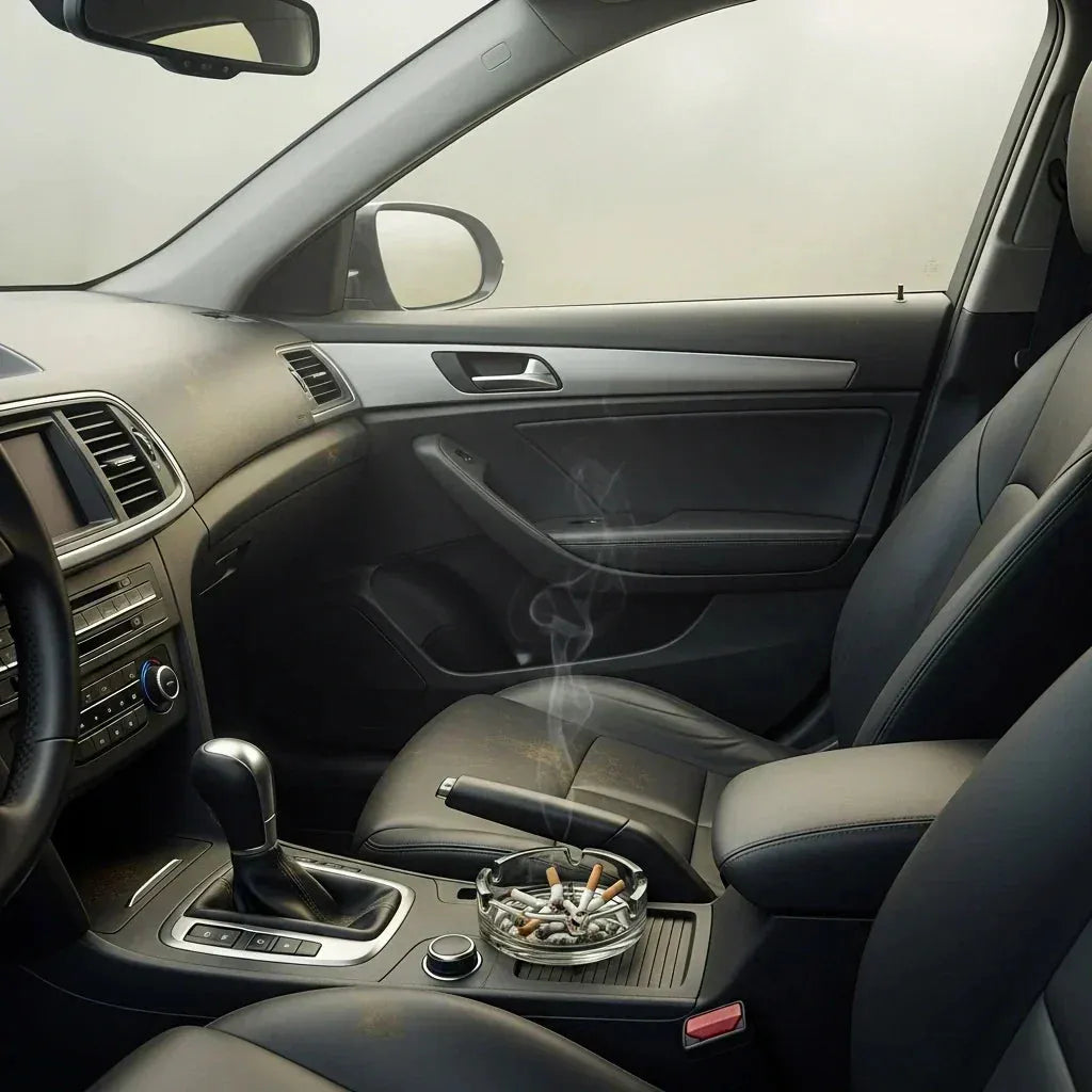 Innenraum eines modernen Fahrzeugs mit schwarzem Leder-Beifahrersitz, Schaltknauf und Aschenbecher voller Zigarettenreste, aus dem leichter Rauch aufsteigt.