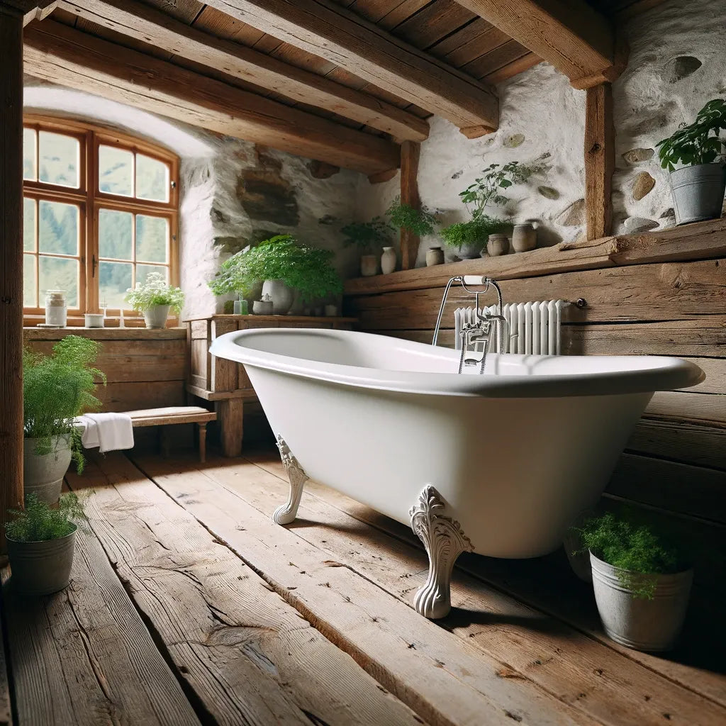 Emaillebadewanne in einem Badezimmer mit einem Dielenboden