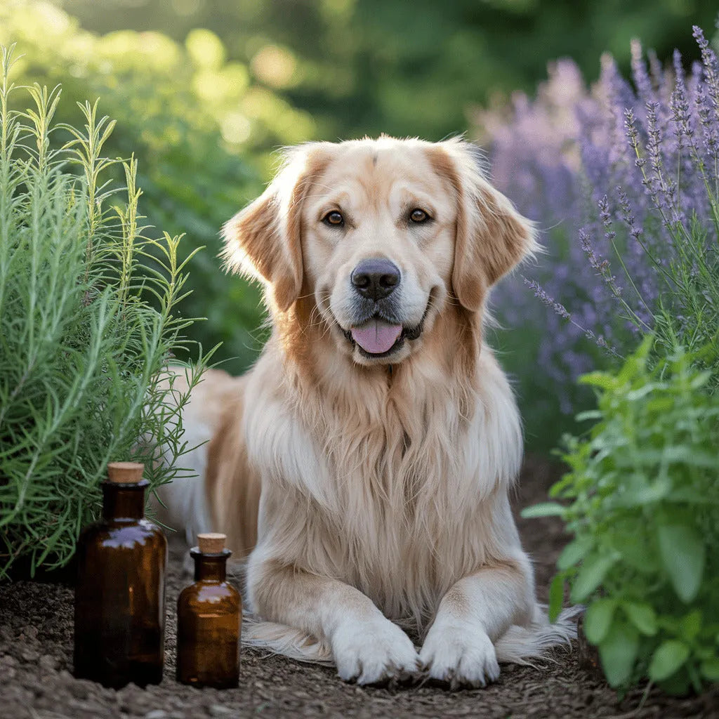 Ein Golden Retriever liegt entspannt in einem Kräutergarten zwischen blühendem Lavendel und anderen Kräutern. Im Vordergrund stehen zwei braune Glasfläschchen mit Korkverschluss auf der Erde. Die Szene wirkt natürlich und ruhig.