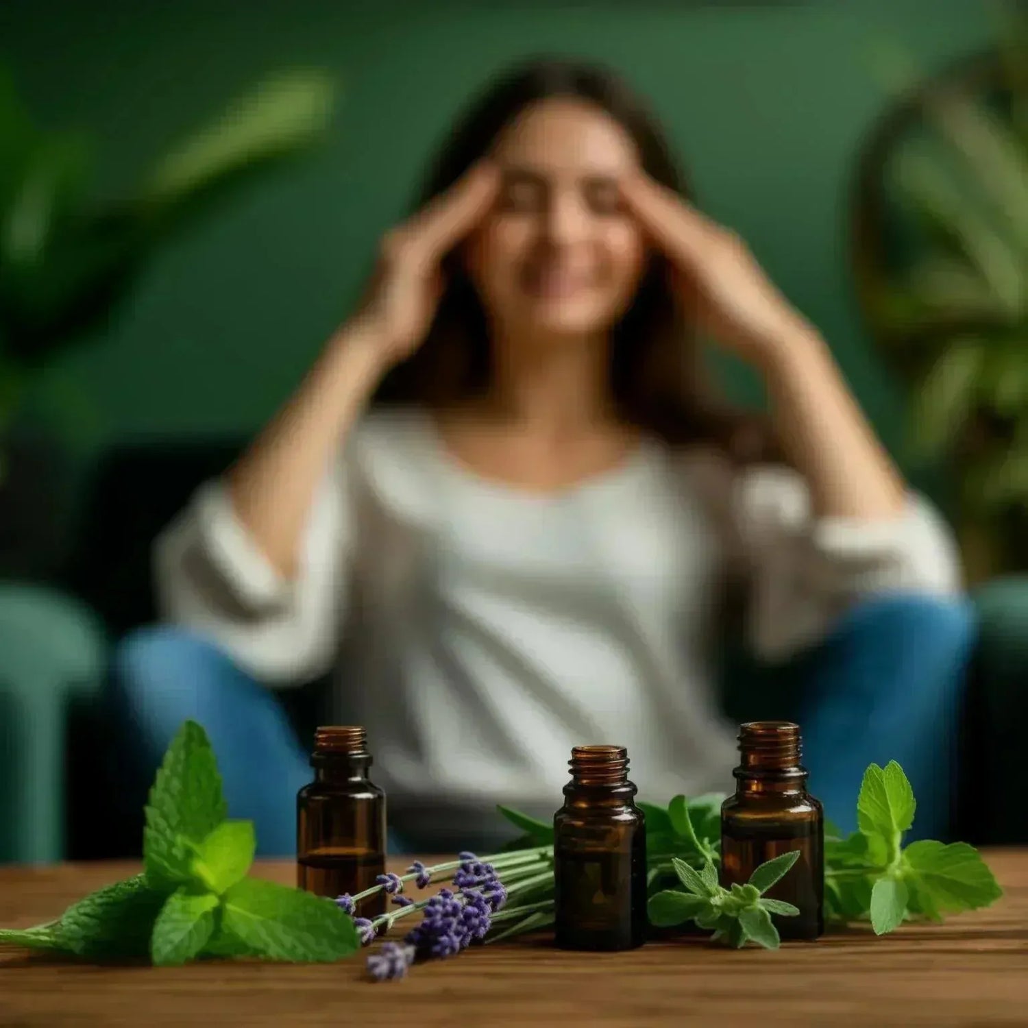Drei braune Glasfläschchen mit ätherischen Ölen stehen auf einem Holztisch, umgeben von frischen Minzblättern und Lavendel. Im Hintergrund sitzt eine Person in entspannter Haltung auf einem Sofa, der Raum ist grün und mit Pflanzen dekoriert.