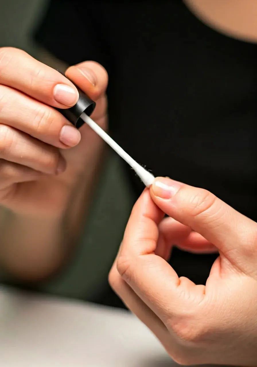 Person trägt mit einem Pinsel Teebaumöl auf einen Fingernagel auf.