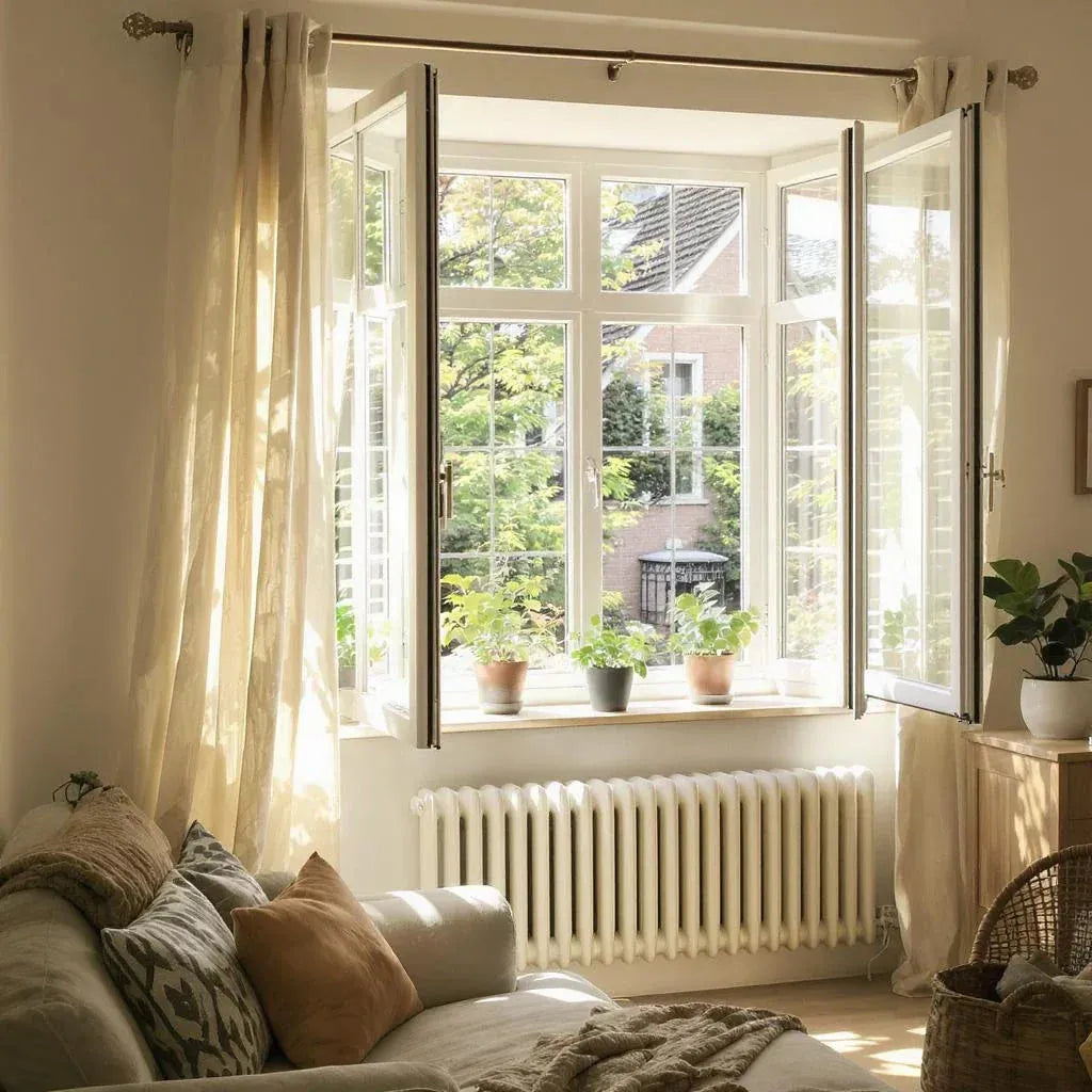 Helles Wohnzimmer mit offenem Fenster, durch das frische Luft und Sonnenlicht hereinkommen; auf der Fensterbank stehen mehrere grüne Zimmerpflanzen, daneben ein Sofa mit Kissen und leichte Vorhänge.