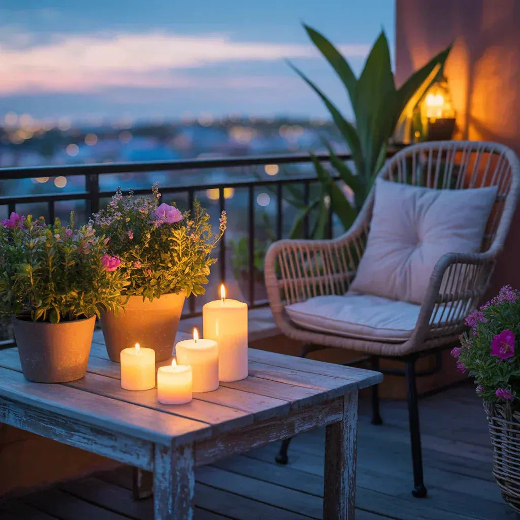 Gemütlicher Sommerabend auf dem Balkon mit brennenden Kerzen, blühenden Pflanzen und Rattanstuhl – natürliche Mückenabwehr und entspannte Atmosphäre im Freien.