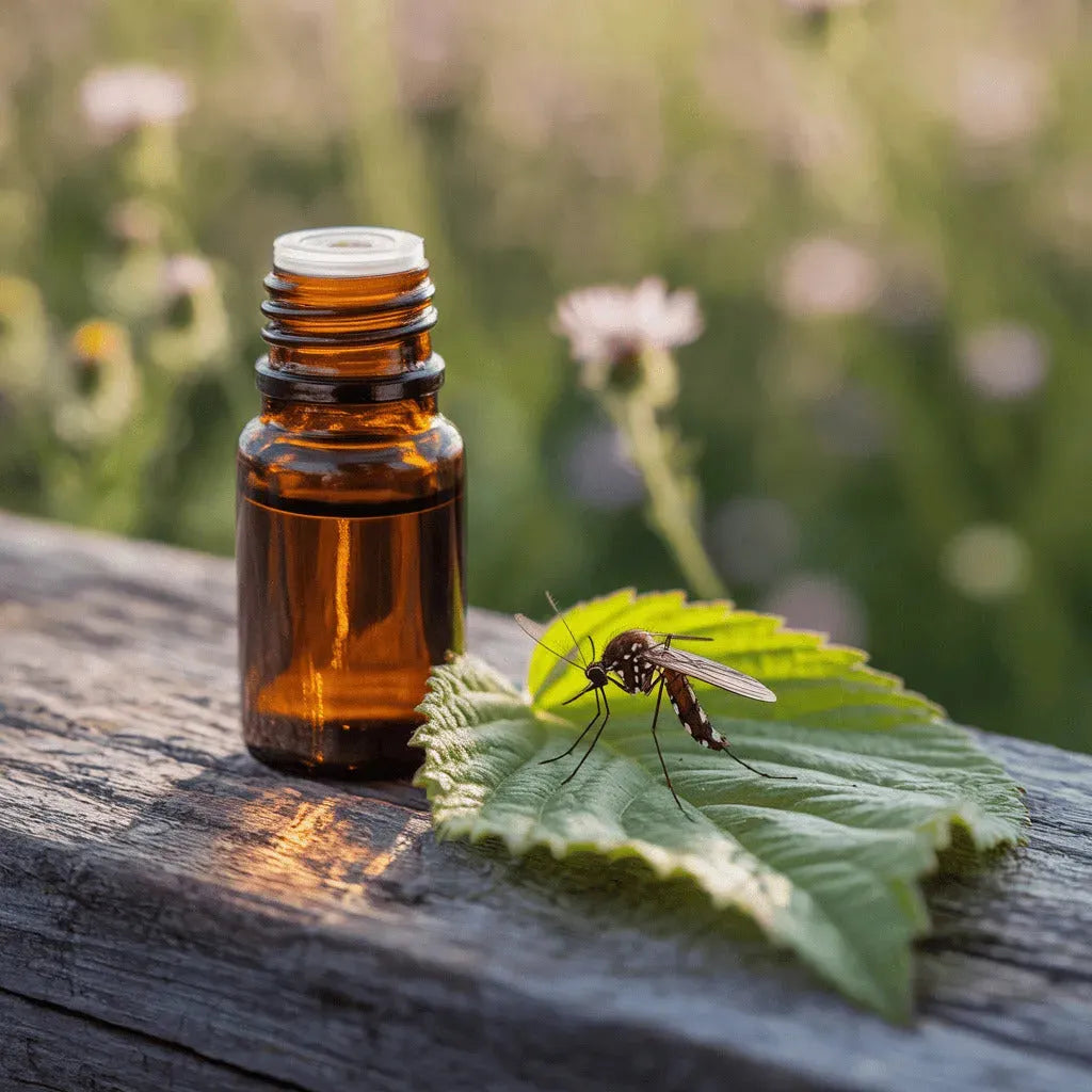 Braunes Glasfläschchen mit ätherischem Öl steht auf einem Holzbalken im Freien, daneben liegt ein grünes Blatt mit einer Mücke darauf, unscharfer Naturhintergrund.