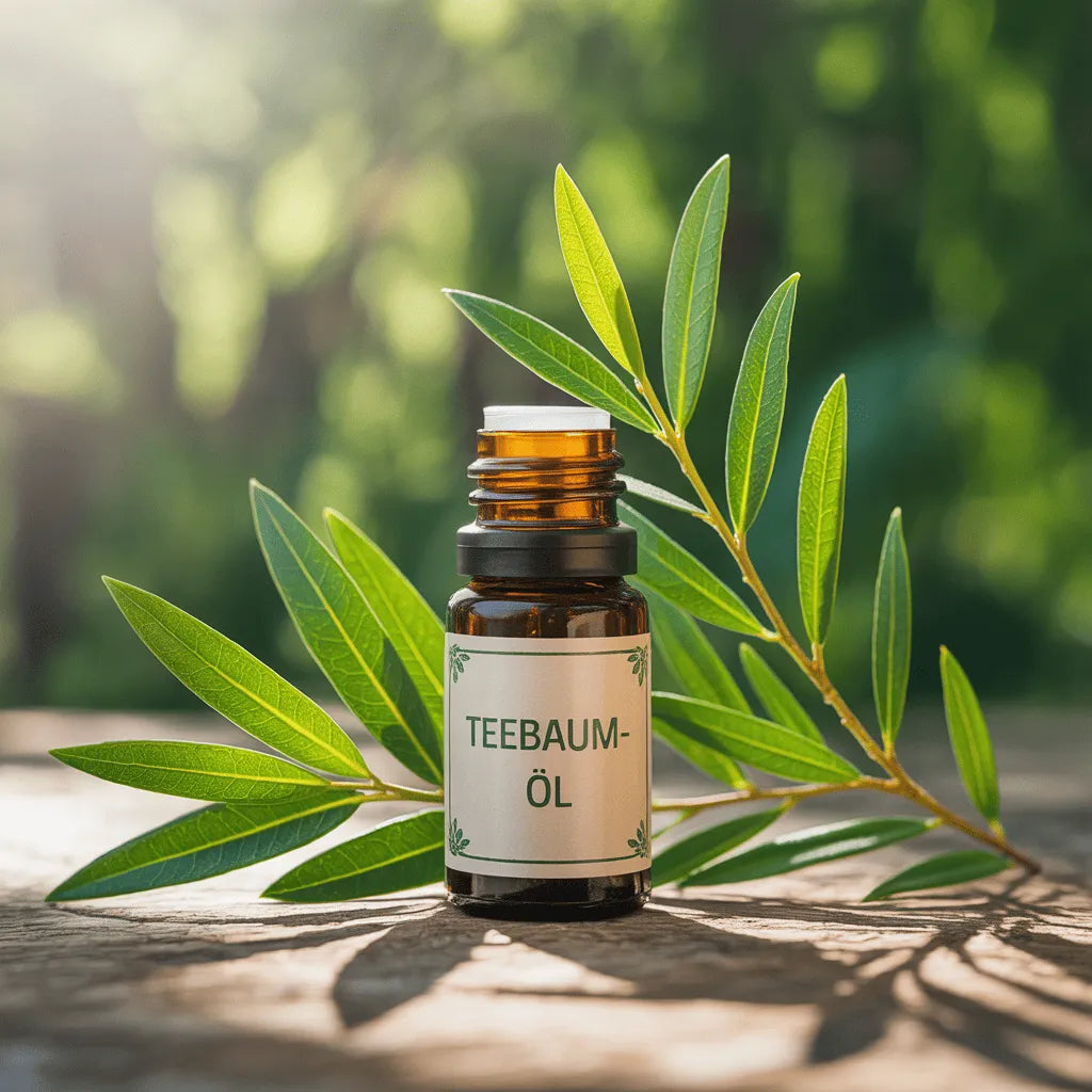 Braune Glasflasche mit der Aufschrift „Teebaumöl“ steht auf einem Holztisch, daneben frische grüne Teebaumblätter; im Hintergrund unscharfe, natürliche Gartenkulisse bei Sonnenlicht.