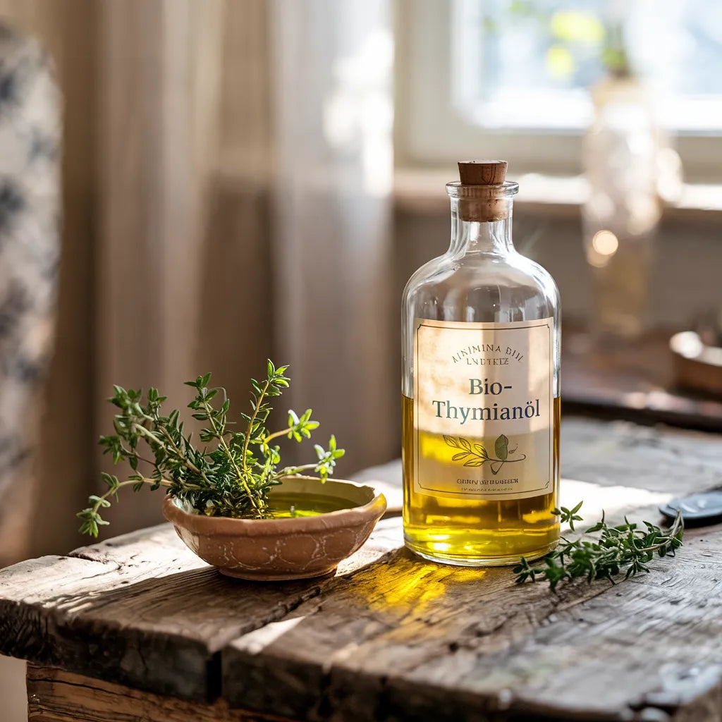 Flasche Bio-Thymianöl und frischer Thymianzweig auf einem rustikalen Holztisch im Sonnenlicht.