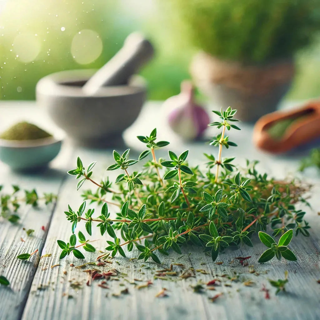 Frische Thymianzweige und getrocknete Blätter auf heller Holzoberfläche