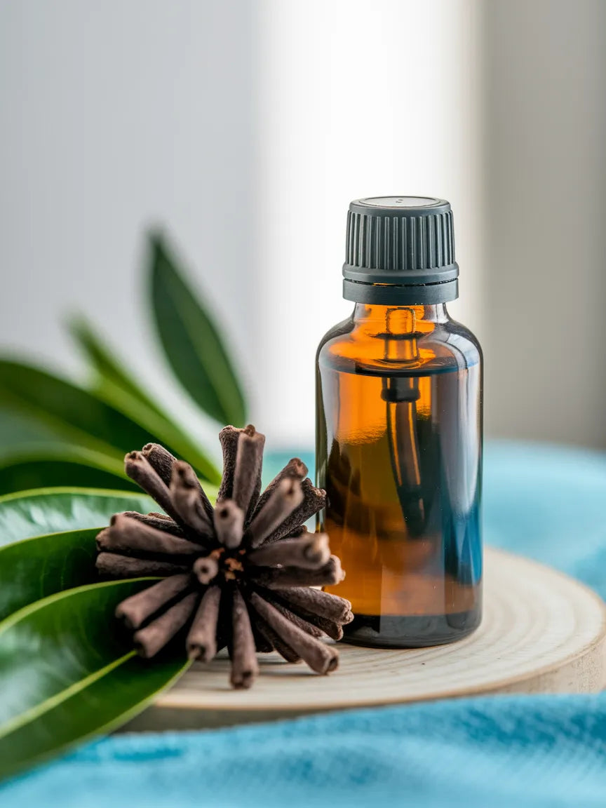 Braune Glasflasche mit Pipette, ätherisches Öl, dekoriert mit Zimtstangen und grünen Blättern auf Holzunterlage, Wellness- und Naturkosmetik-Konzept.