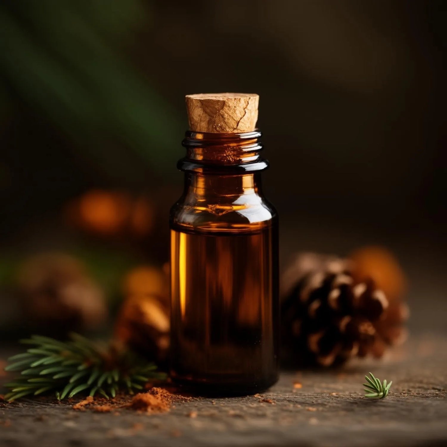 Braune Glasflasche mit Korken, daneben Tannenzweig und Zapfen auf einem Holztisch.