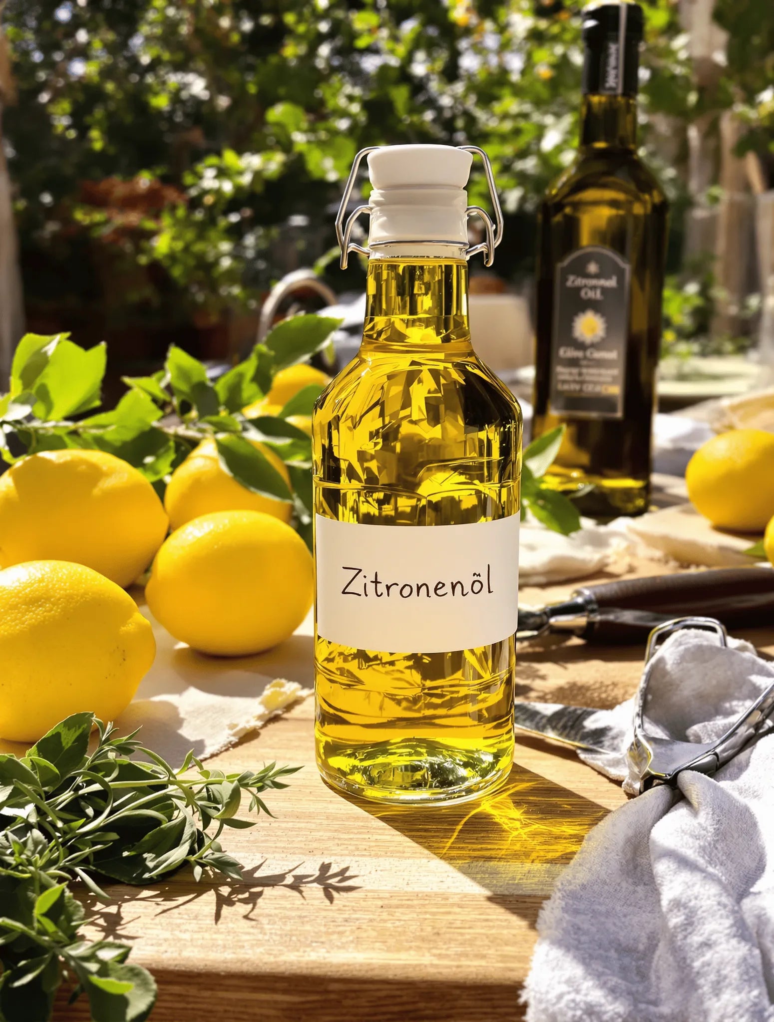 Flasche mit Zitronenöl steht auf einem Holzbrett im Garten, umgeben von frischen Zitronen, Kräutern und einer weiteren Ölflasche, im Sonnenlicht mit grünem Naturhintergrund.