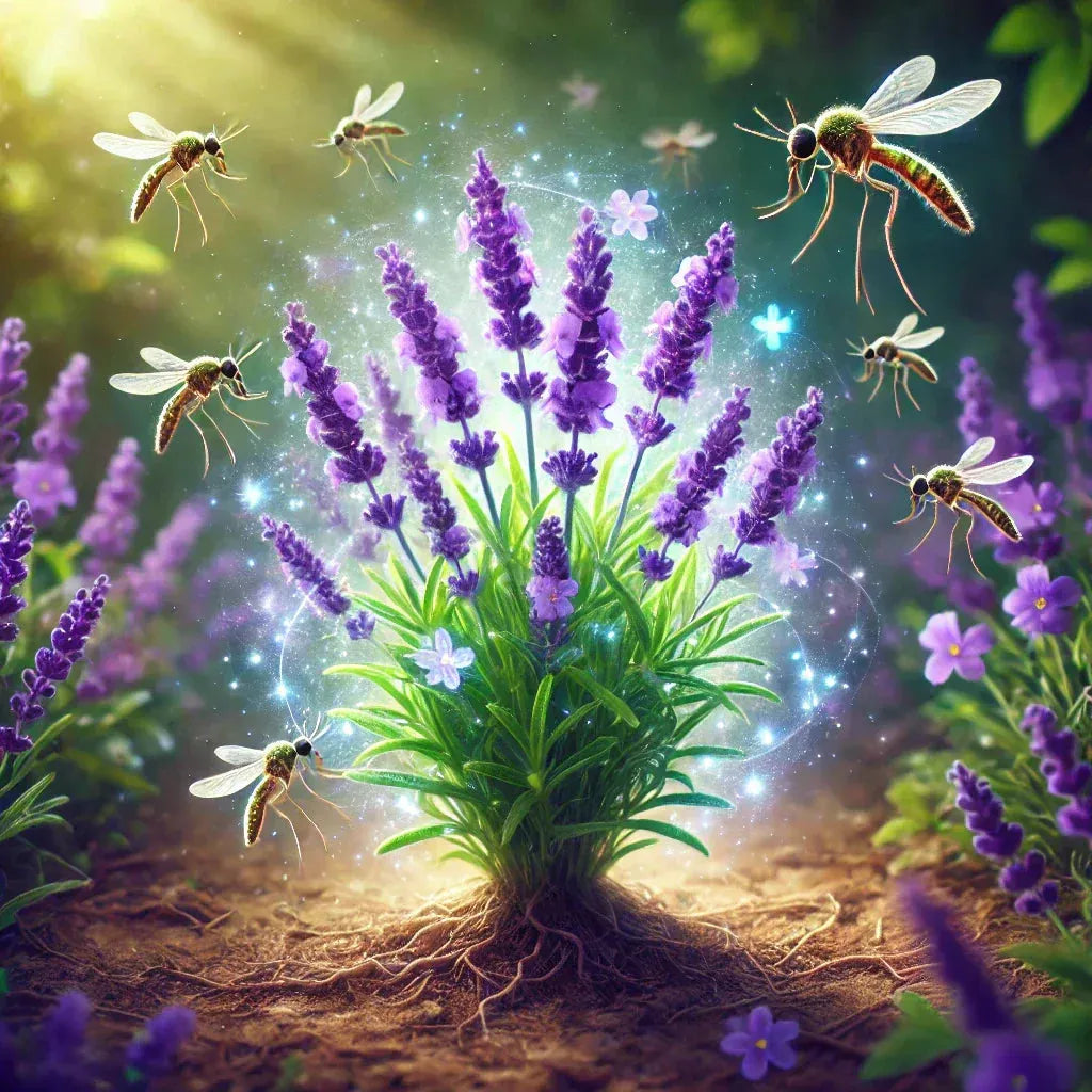 Blühender Lavendel mit umherfliegenden Mücken und magischen Lichteffekten in einer sonnigen Gartenlandschaft.