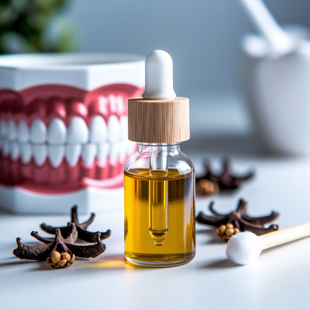 Fläschchen Nelkenöl mit Pipette vor Zahnmodell, Nelken und Wattestäbchen – natürliche Zahnschmerzbehandlung mit ätherischem Öl.