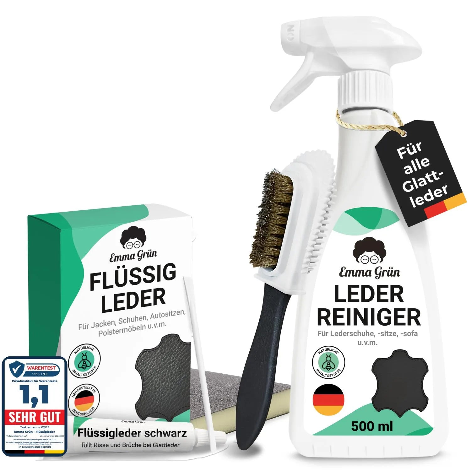 Leder Reparatur Set mit Reiniger, Flüssigleder & Schleifmatte Emma Grün Schwarz