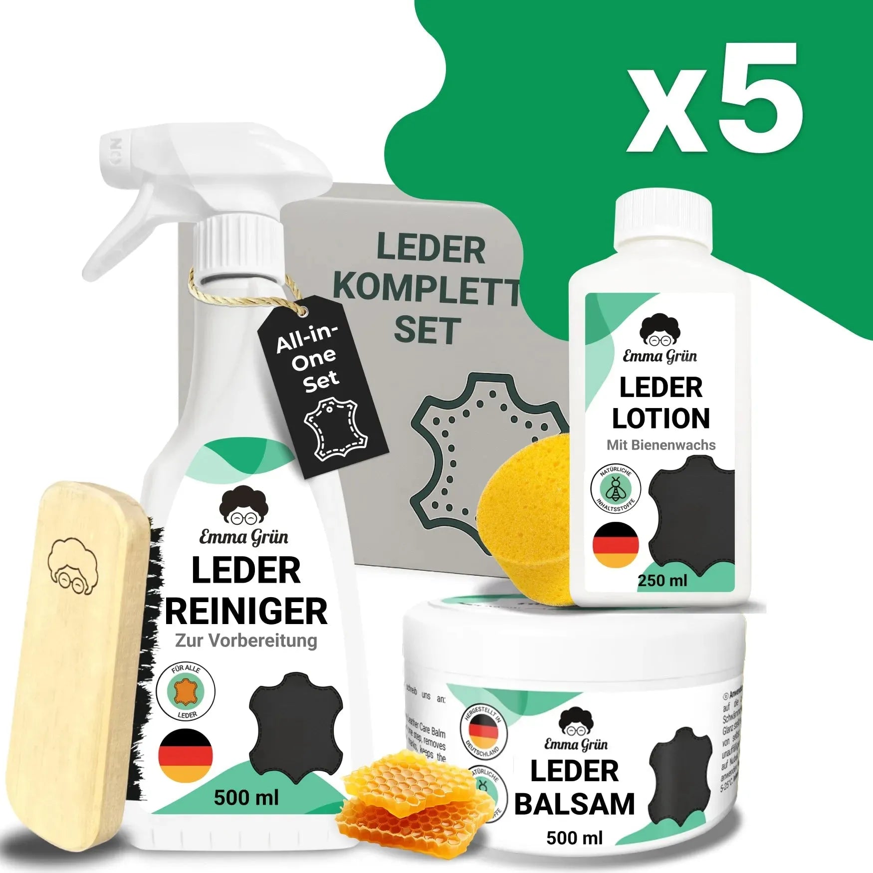 Lederpflege Komplettset mit Reiniger, Lotion & Balsam (1 x Set) Emma Grün 5 x Set