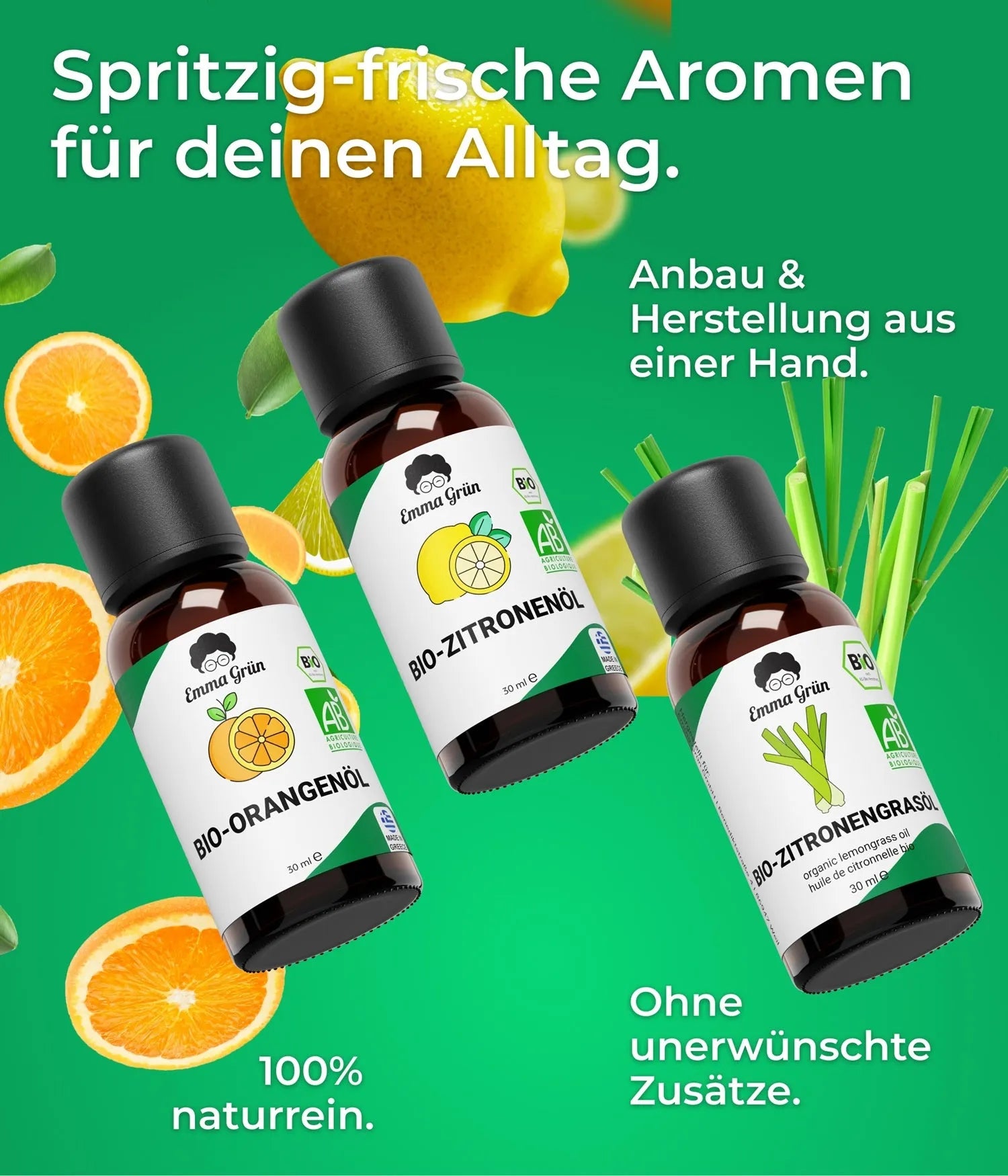 Zitrus Zauber Set mit Orangen-, Zitronen- & Lemongrasöl Emma Grün