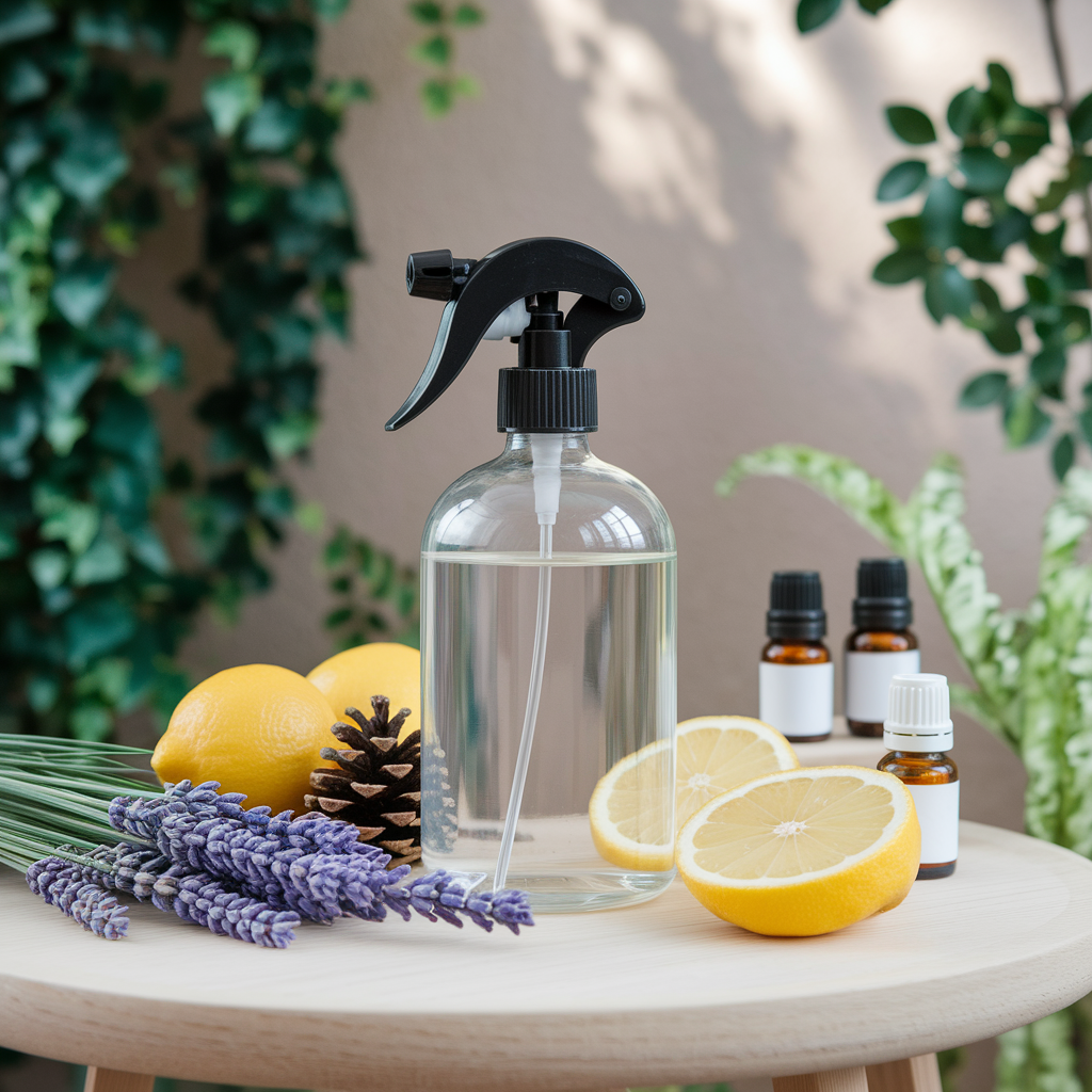 Glasflasche mit DIY-Raumspray, umgeben von frischem Lavendel, Zitronen, Zirbenzapfen und ätherischen Ölen – natürliches Raumduft-Rezept im Emma Grün Stil, dekorativ arrangiert auf einem Holztisch vor grünen Pflanzen.