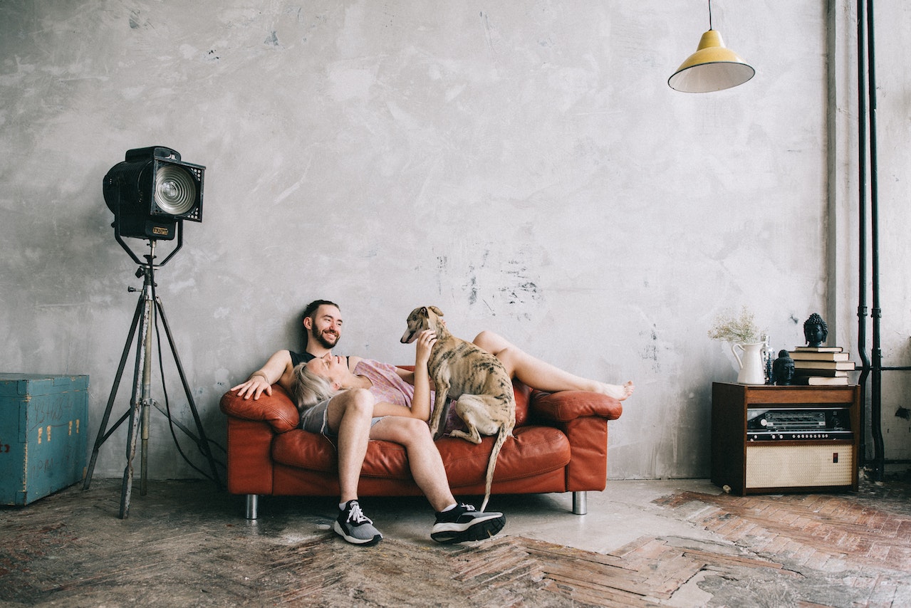 Pärchen mit Hund auf rotem Ledersofa in spärlich eingerichtetem Zimmer mit gelber Hängelampe, Sideboard und Filmscheinwerfer