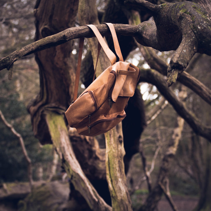 Brauner Rucksack, der im Wald an einem Baumstamm hängt