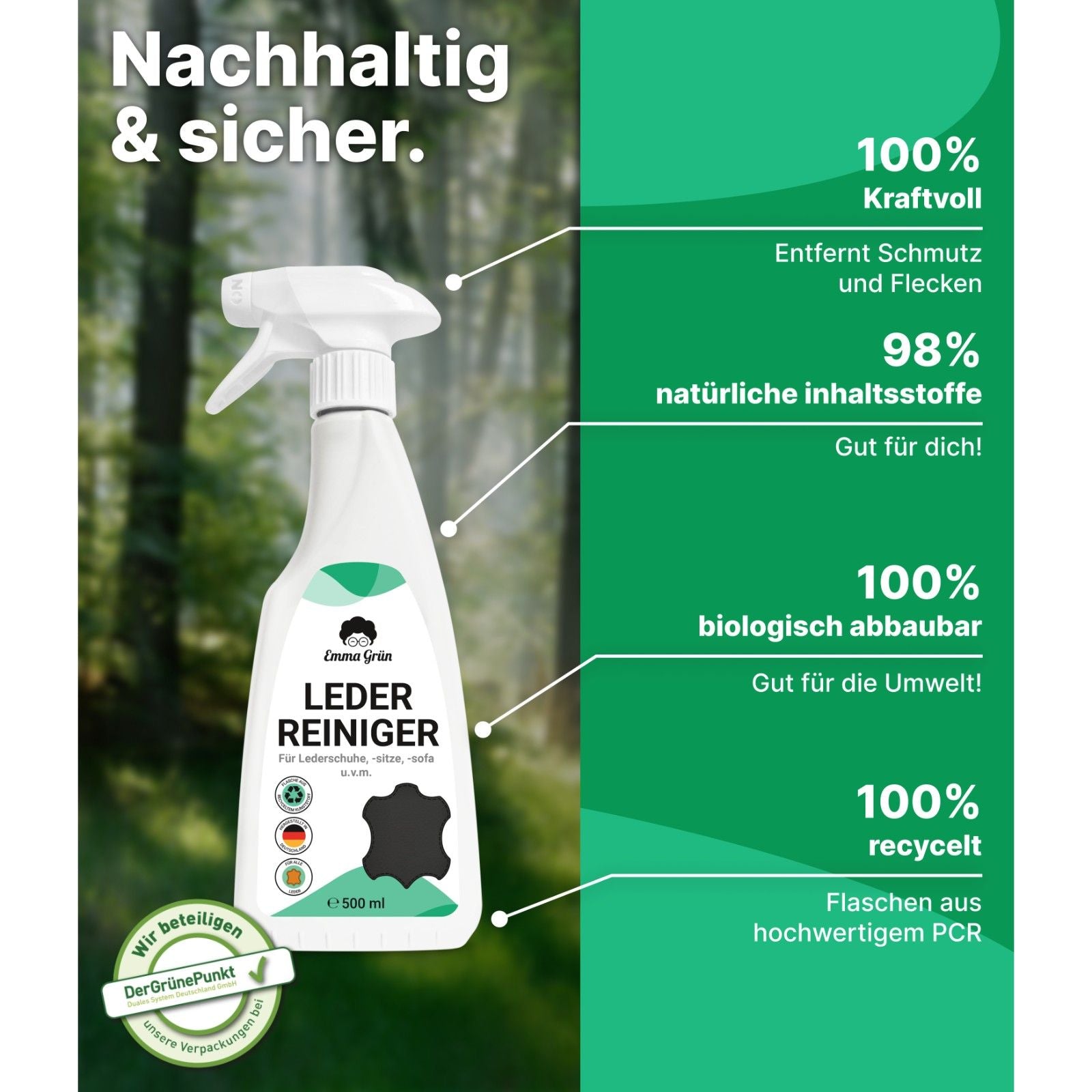 Leder Reparatur Set mit Reiniger, Flüssigleder & Schleifmatte Emma Grün