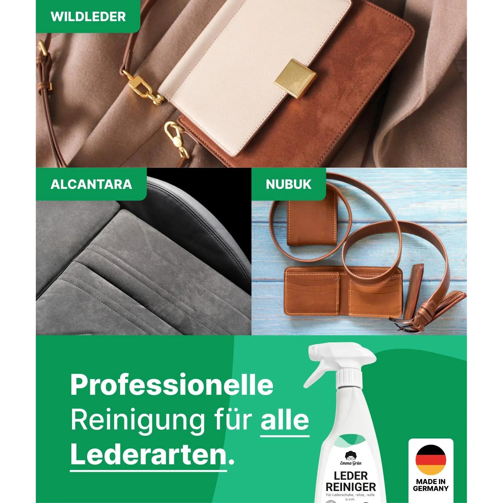 Leder Reparatur Set mit Reiniger, Flüssigleder & Schleifmatte Emma Grün