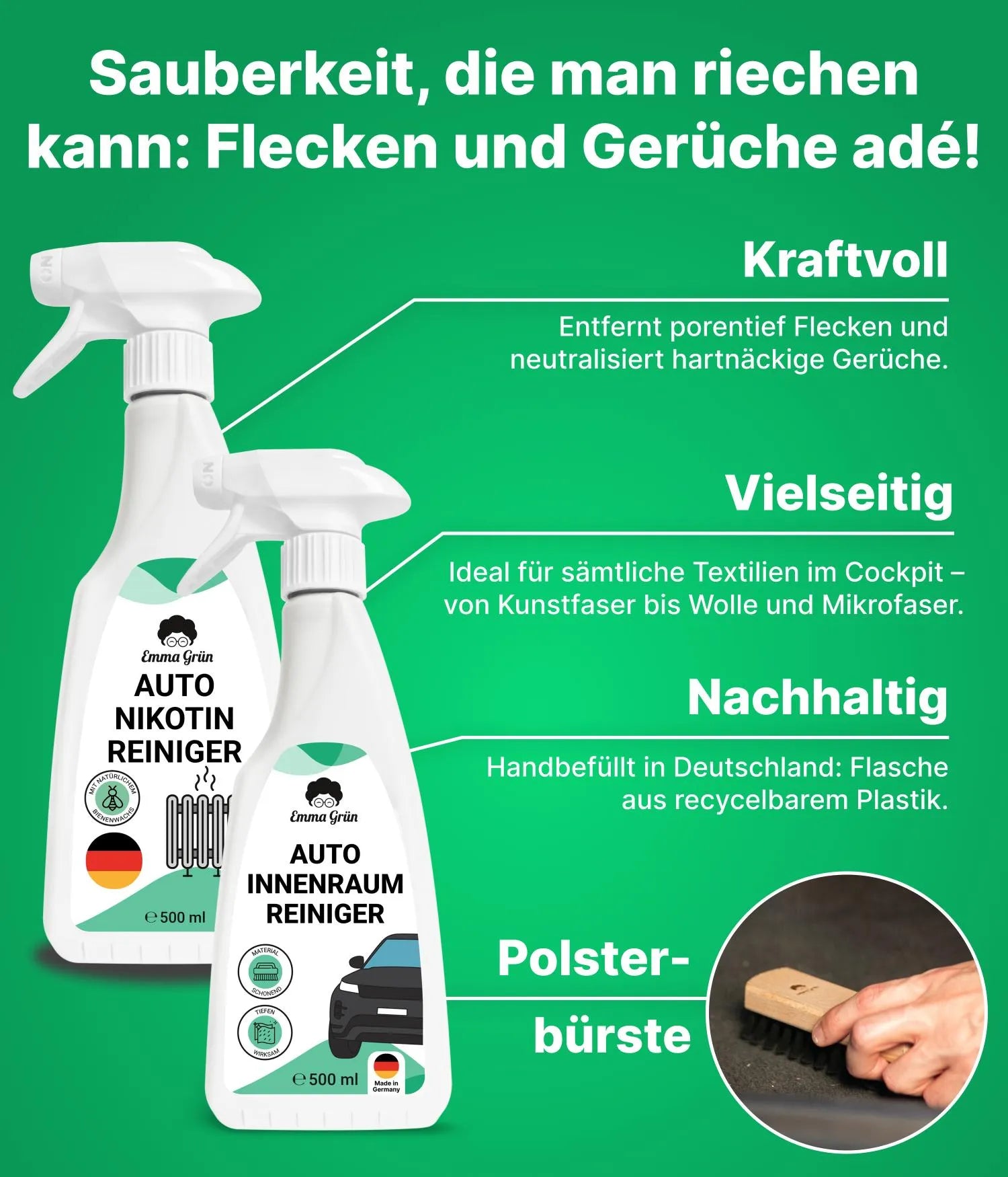 Raucherauto reinigen Set mit Reiniger, Nikotinentferner & Pflege Emma Grün