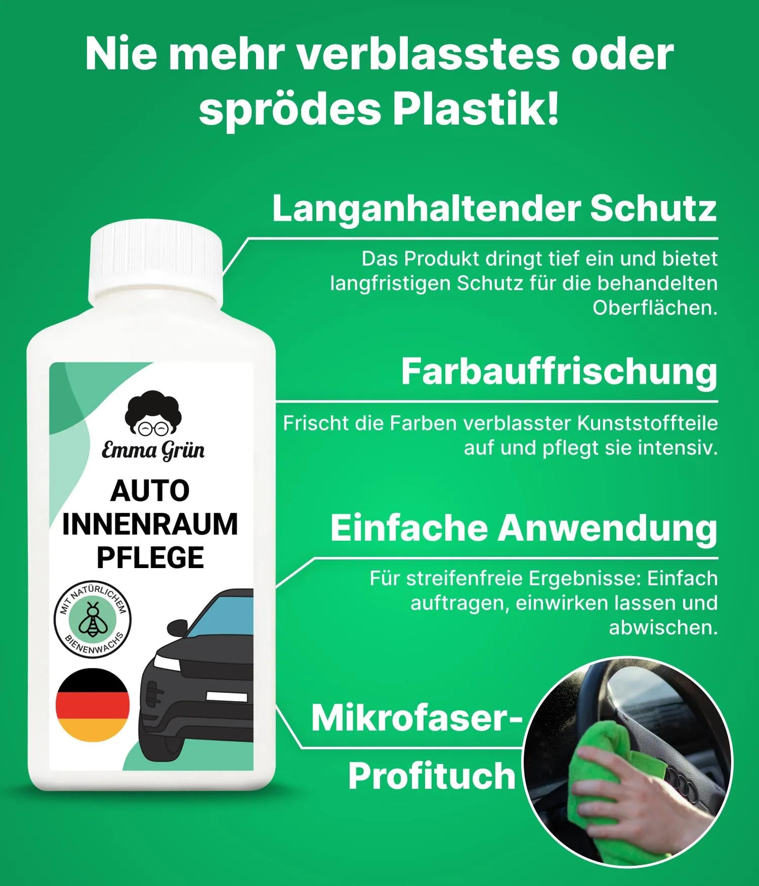 Raucherauto reinigen Set mit Reiniger, Nikotinentferner & Pflege Emma Grün
