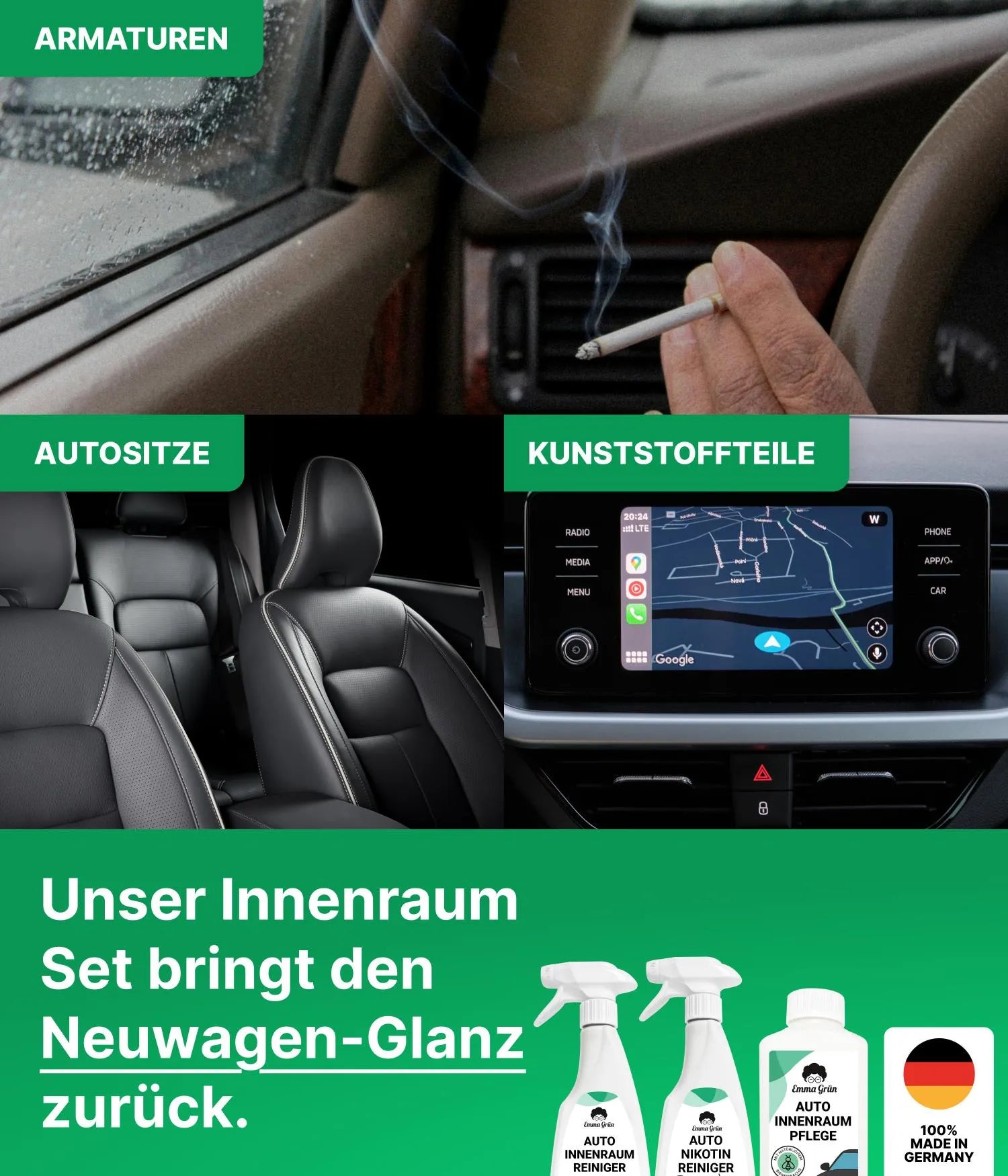 Raucherauto reinigen Set mit Reiniger, Nikotinentferner & Pflege Emma Grün
