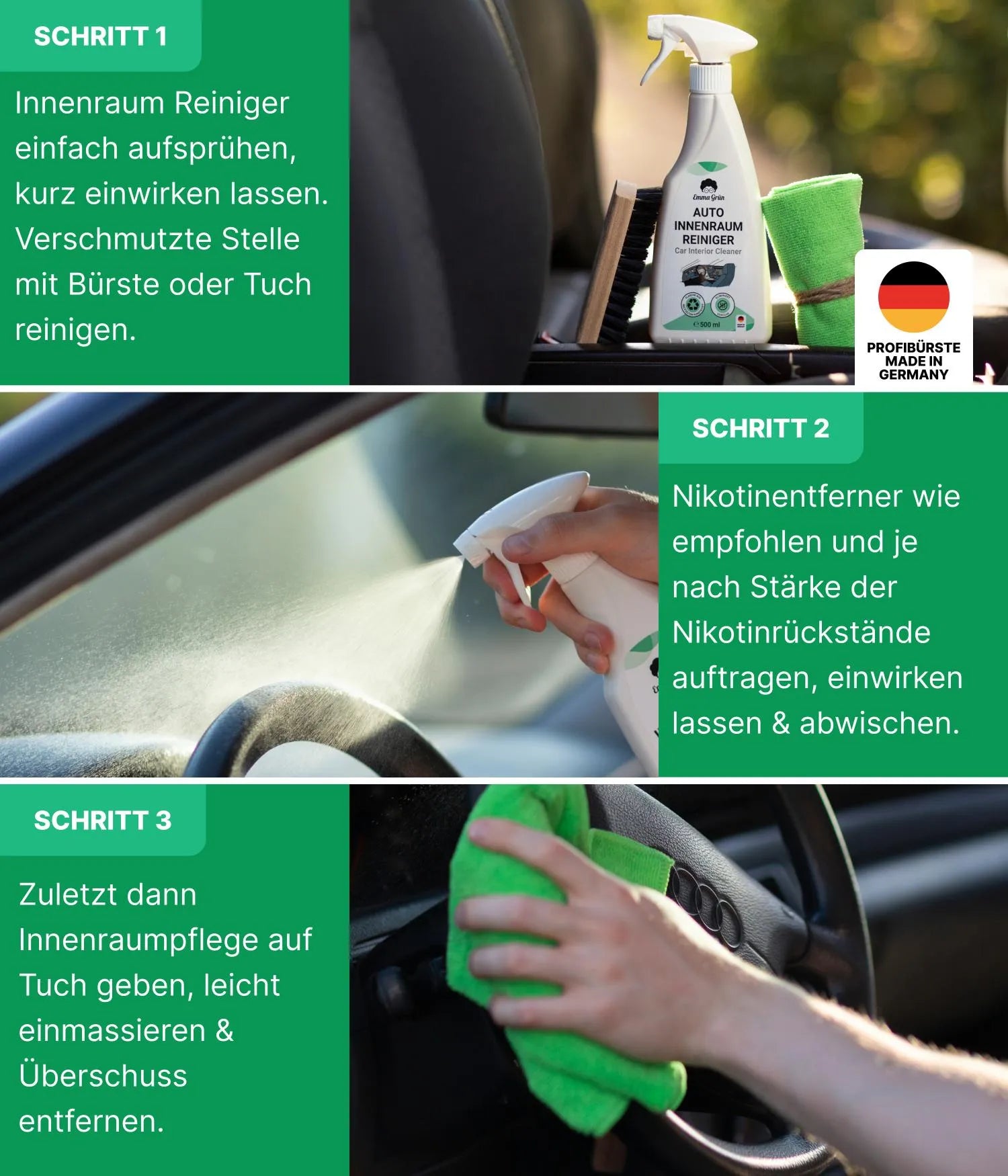 Raucherauto reinigen Set mit Reiniger, Nikotinentferner & Pflege Emma Grün