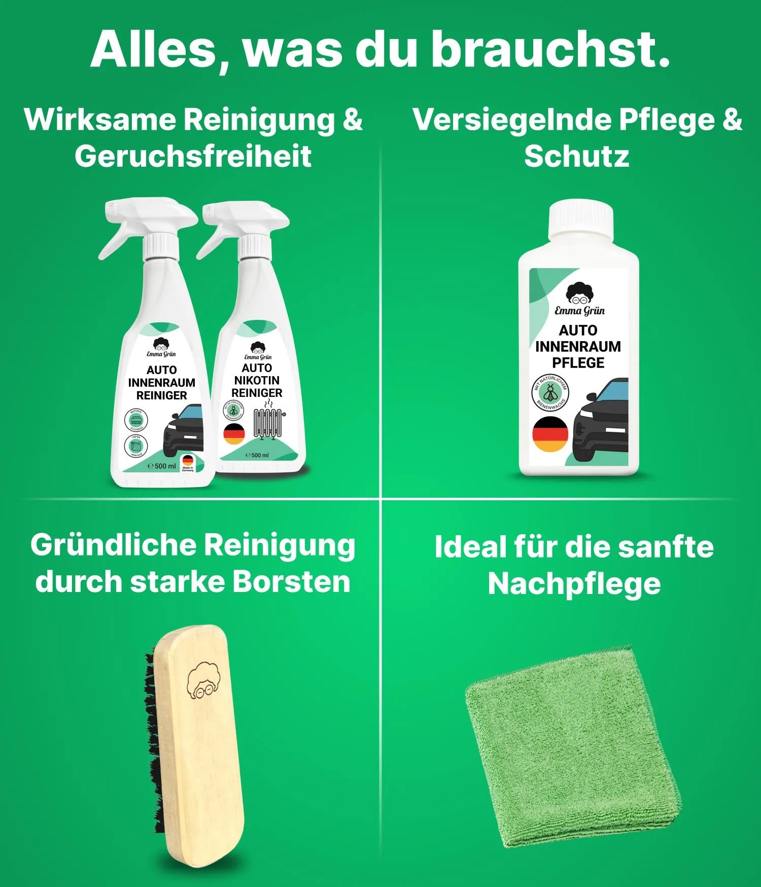 Raucherauto reinigen Set mit Reiniger, Nikotinentferner & Pflege Emma Grün