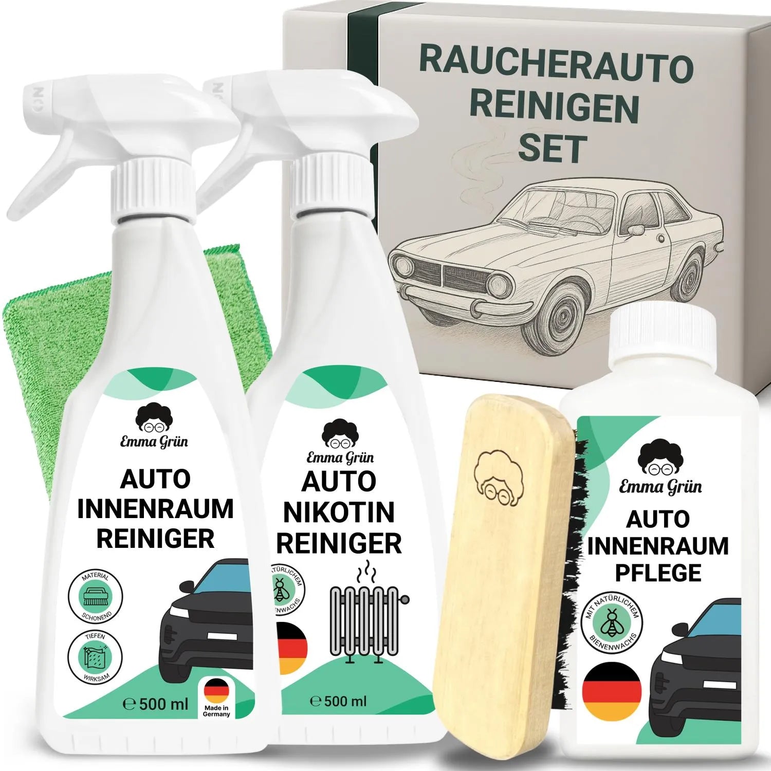 Raucherauto reinigen Set mit Reiniger, Nikotinentferner & Pflege Emma Grün 1 x Set