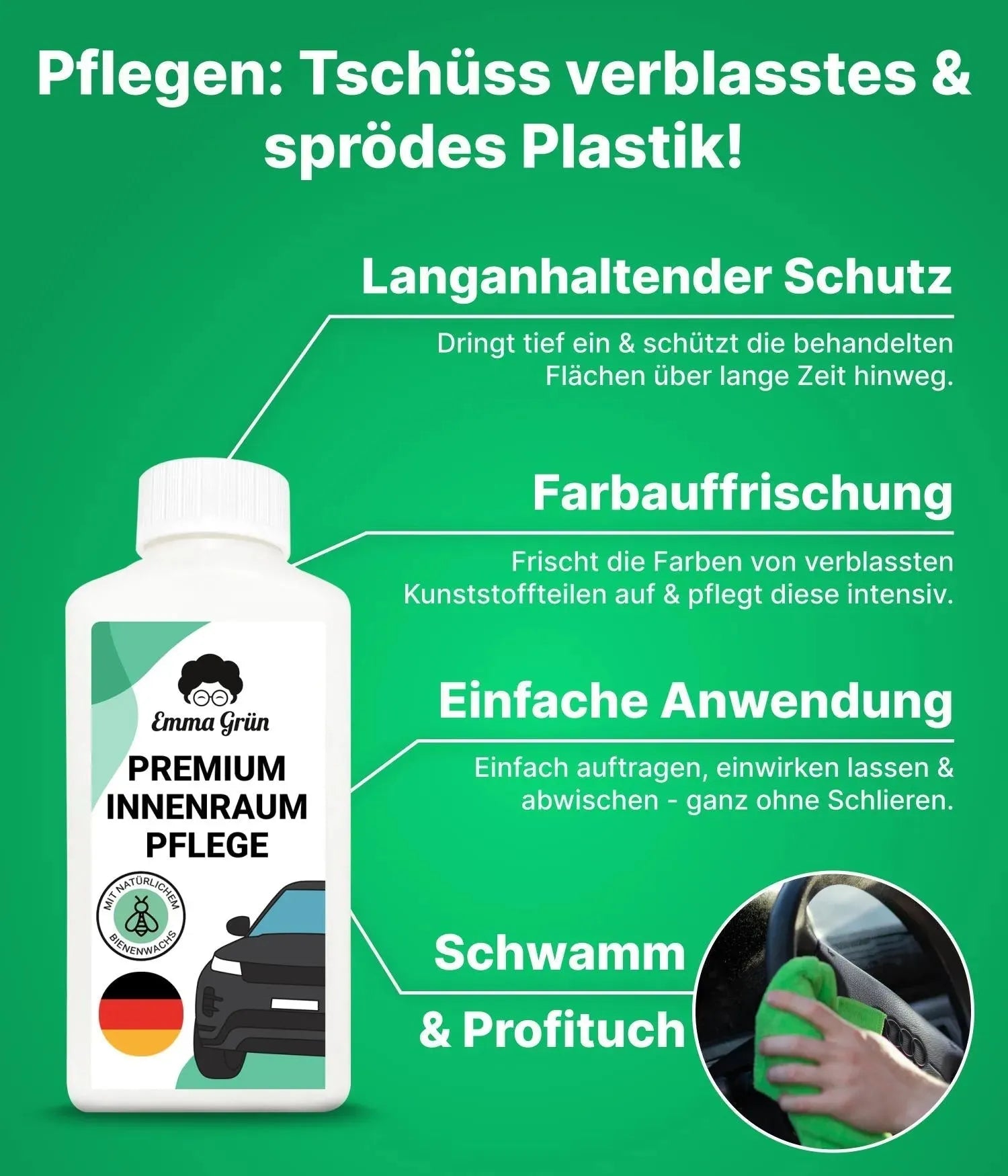 Auto Innenreinigung Set mit Reiniger & Pflege (1 x Set) Emma Grün