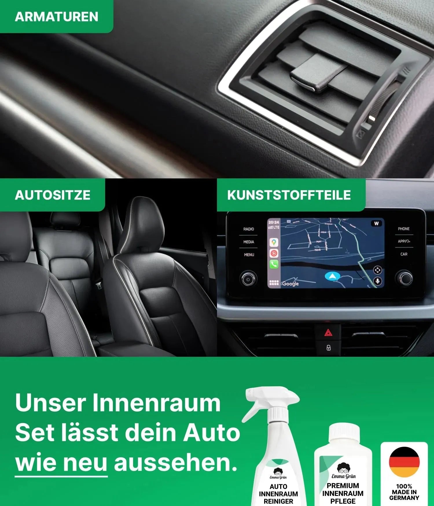 Auto Innenreinigung Set mit Reiniger & Pflege (1 x Set) Emma Grün