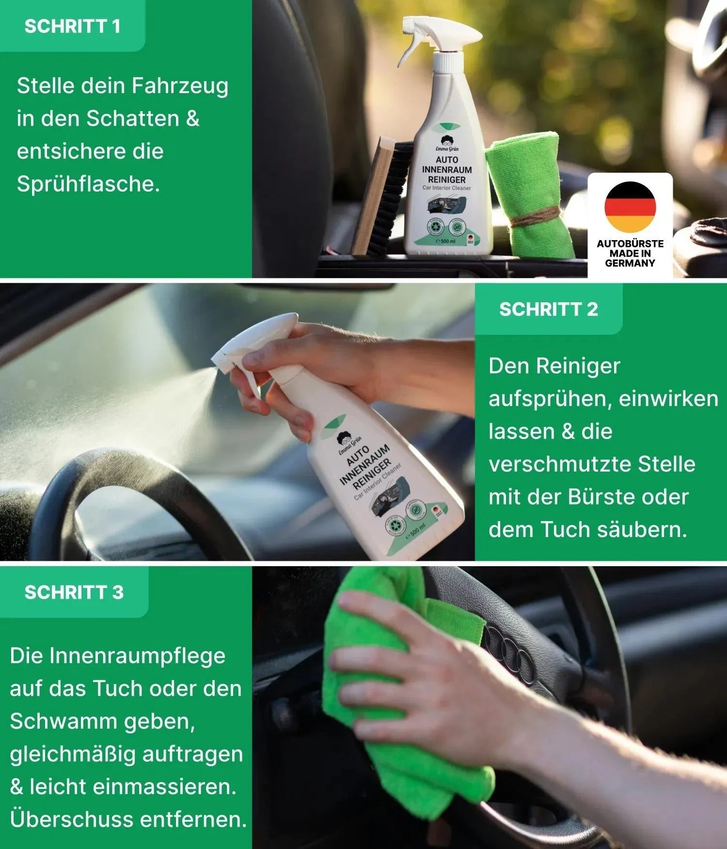 Auto Innenreinigung Set mit Reiniger & Pflege (1 x Set) Emma Grün