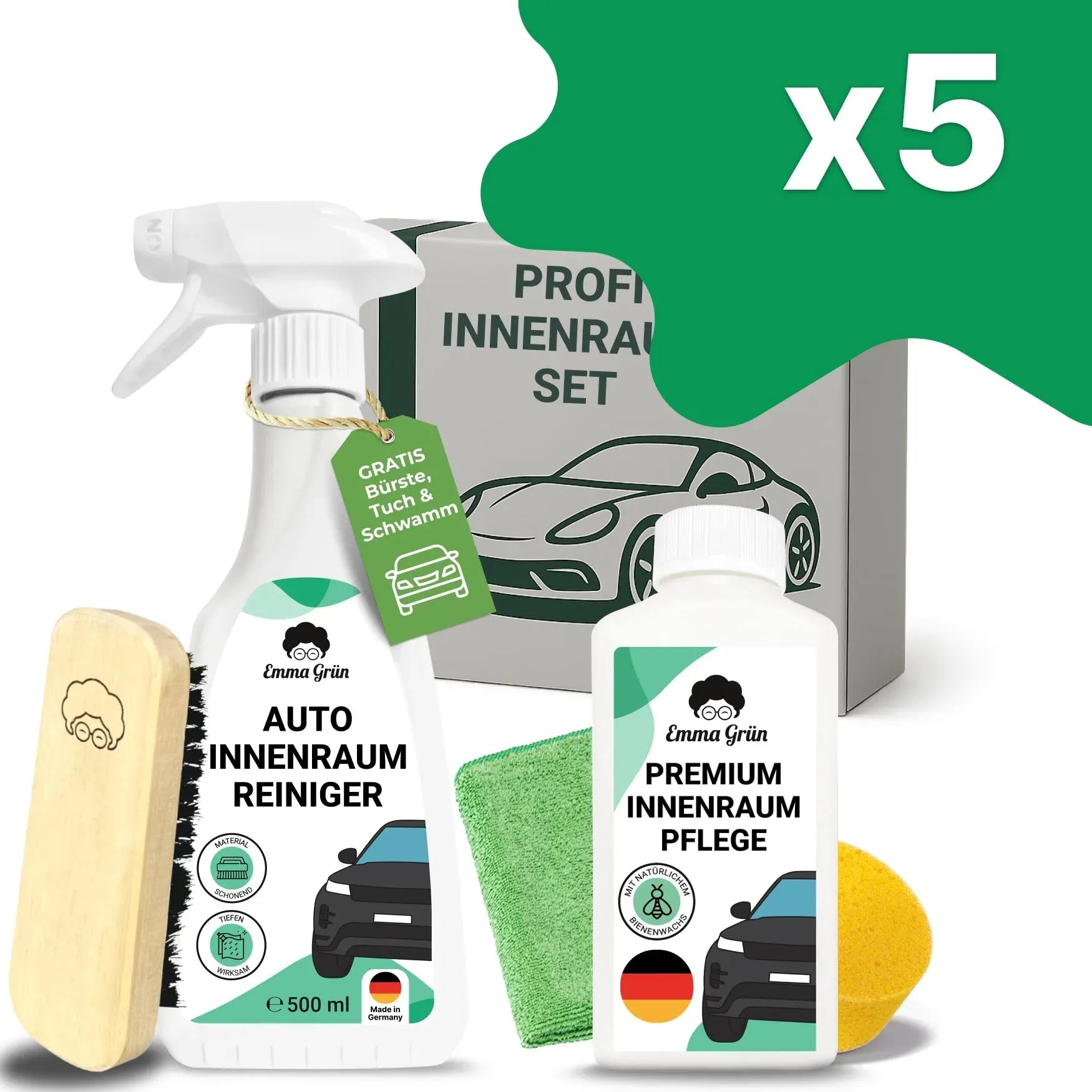 Auto Innenreinigung Set mit Reiniger & Pflege (1 x Set) Emma Grün 5 x Set