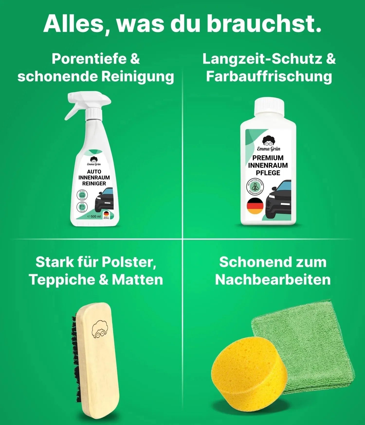 Auto Innenreinigung Set mit Reiniger & Pflege (1 x Set) Emma Grün