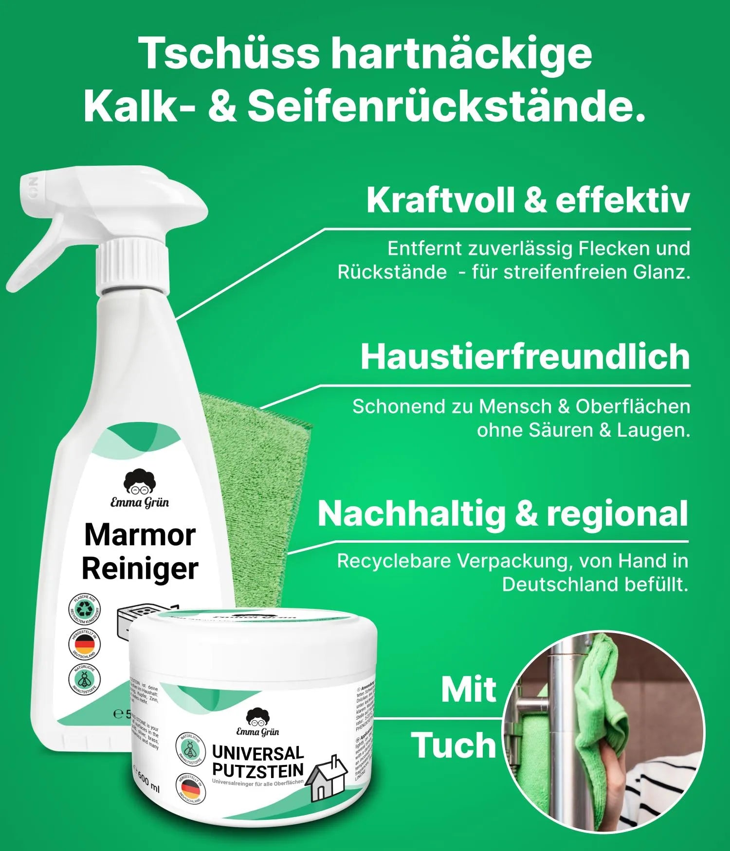 Bad reinigen Set mit Putzstein, Reiniger & Duftspray Emma Grün