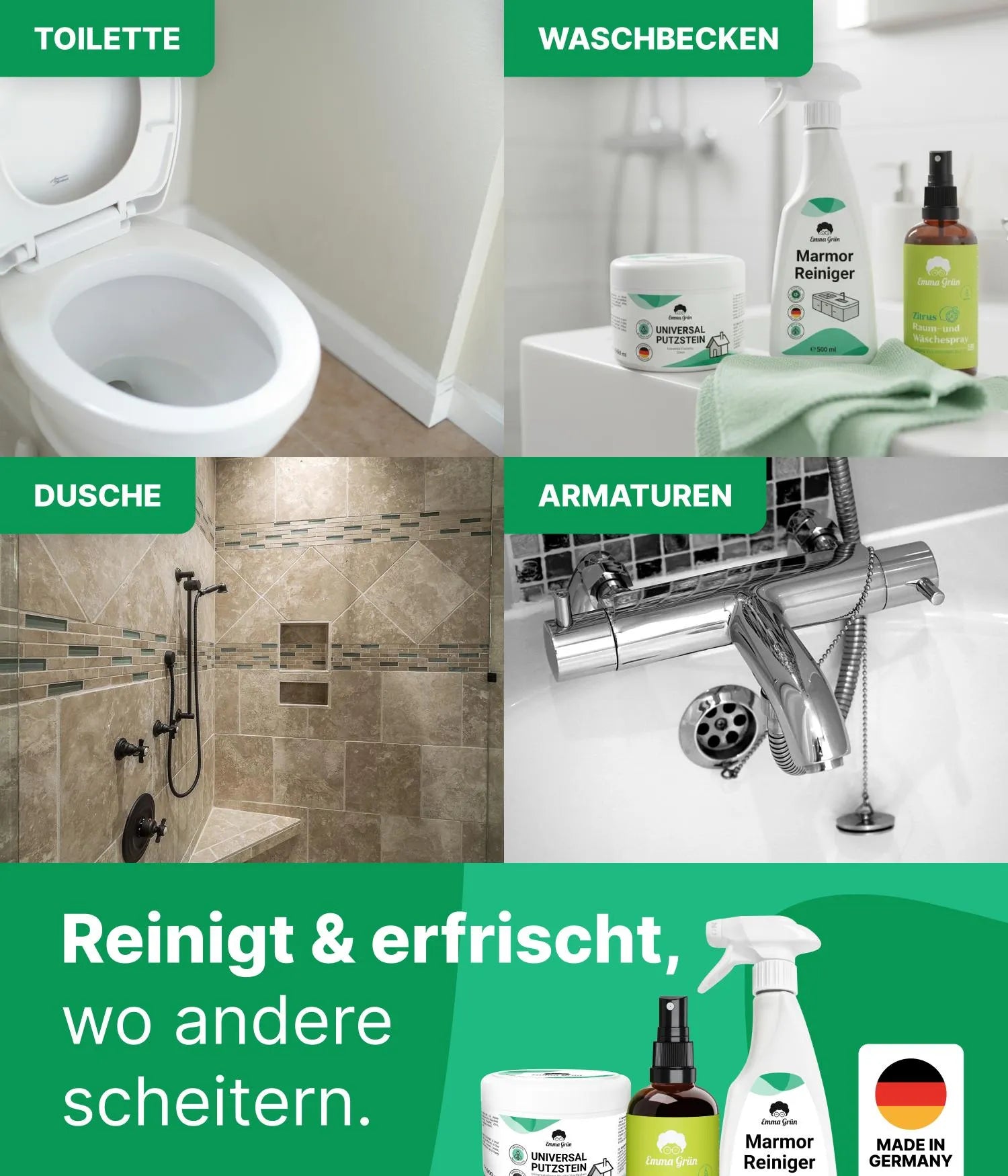 Bad reinigen Set mit Putzstein, Reiniger & Duftspray Emma Grün