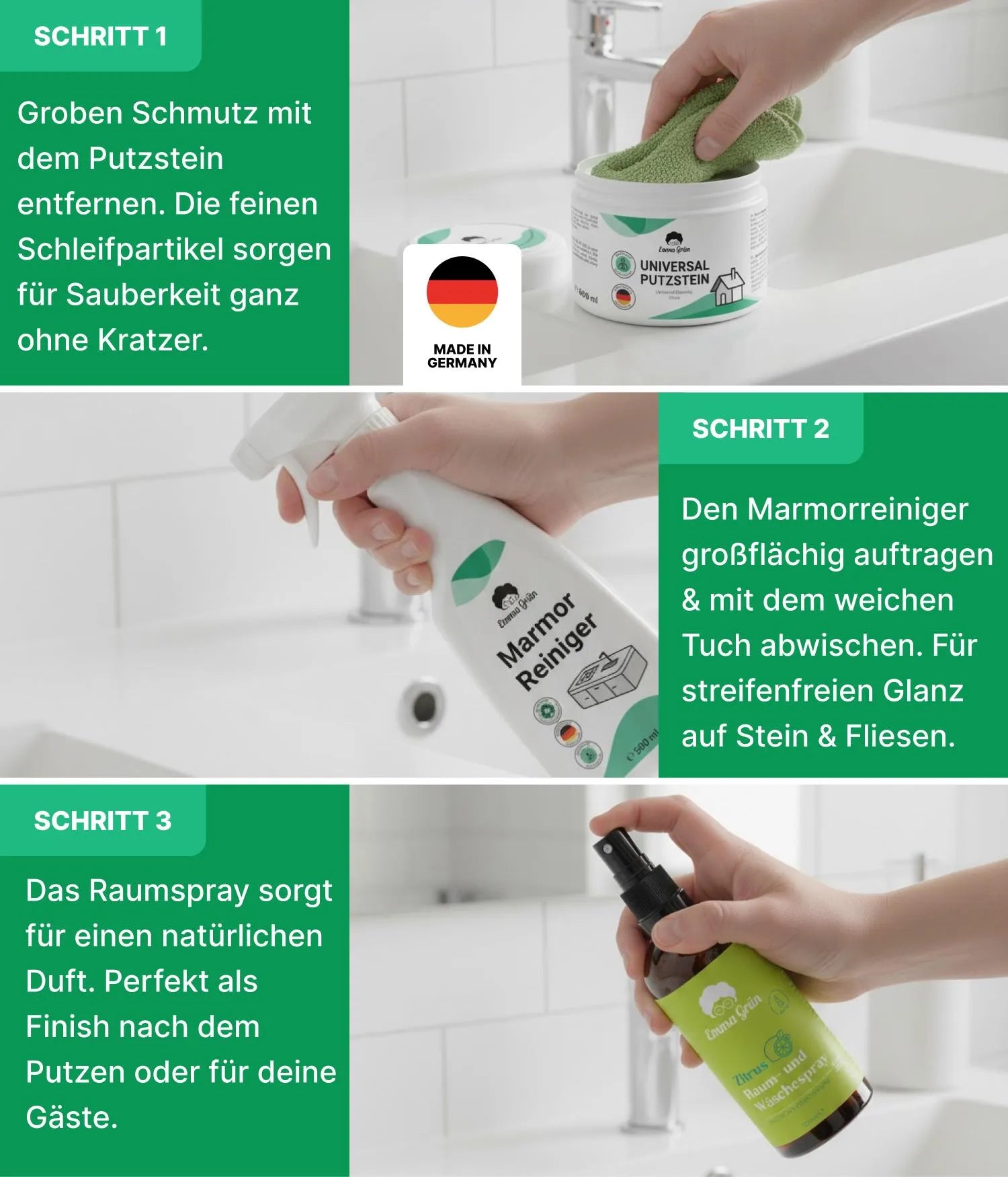 Bad reinigen Set mit Putzstein, Reiniger & Duftspray Emma Grün
