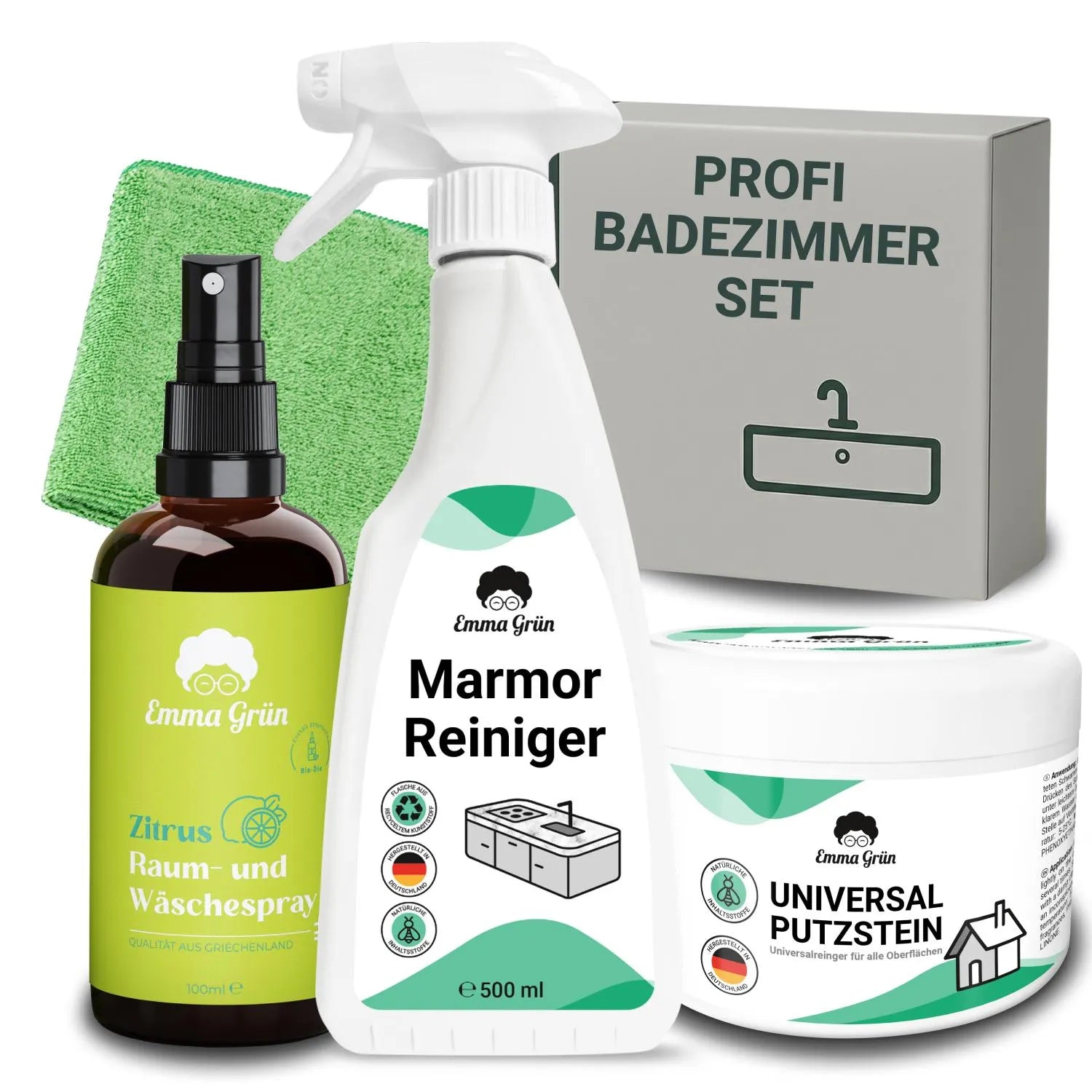 Bad reinigen Set mit Putzstein, Reiniger & Duftspray Emma Grün 1 x Set