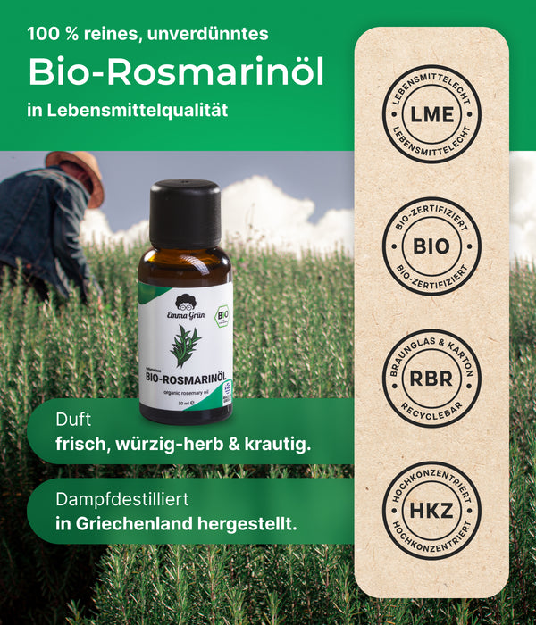 Bio Rosmarinöl 30 ml, ätherisches Öl naturrein & hochdosiert, Bio-Qualität