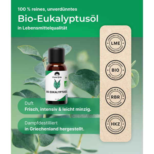 Bio Eukalyptusöl 30 ml, ätherisches Öl naturrein & hochdosiert, Bio-Qualität