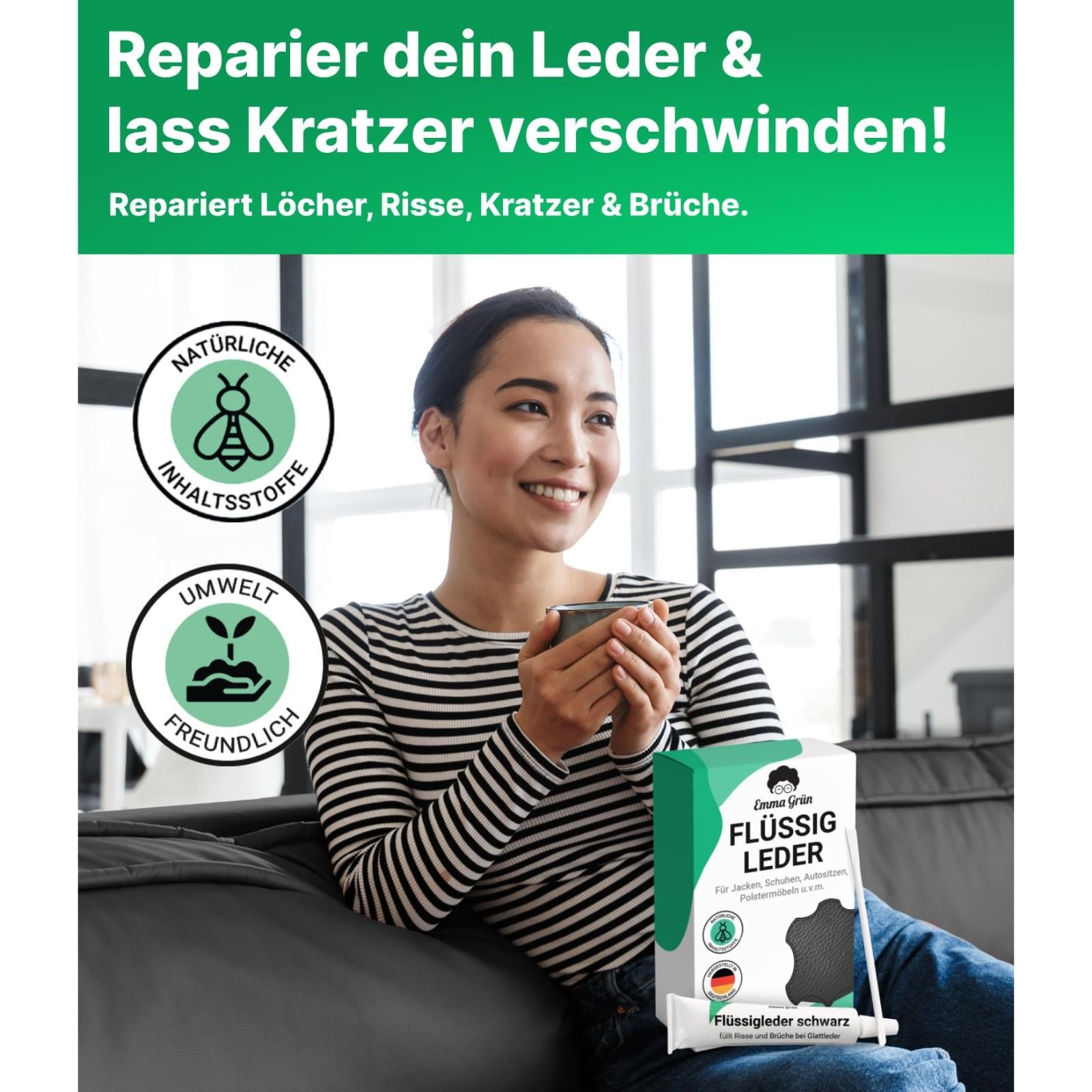 Leder Reparatur Set mit Reiniger, Flüssigleder & Schleifmatte Emma Grün