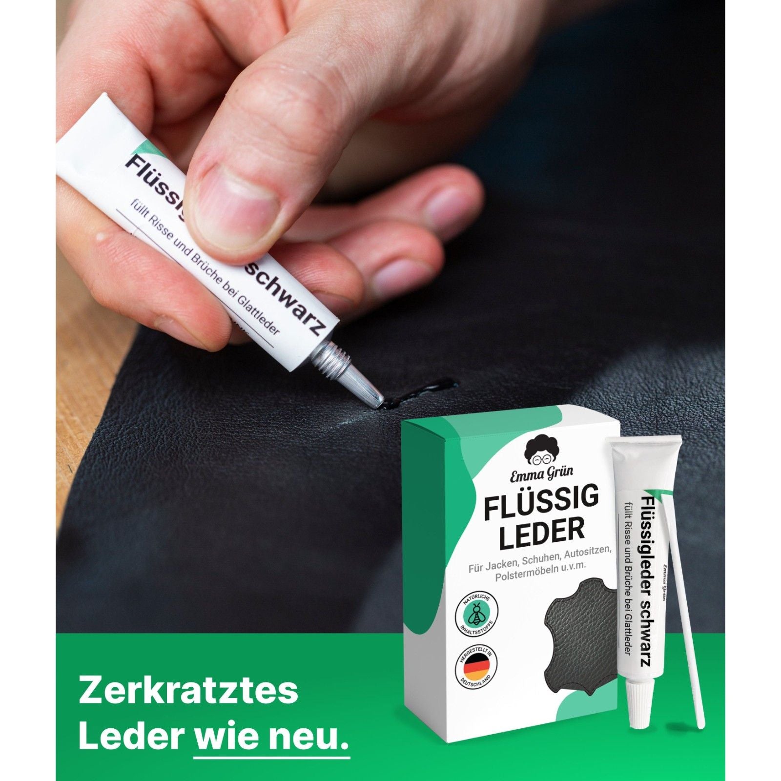 Leder Reparatur Set mit Reiniger, Flüssigleder & Schleifmatte Emma Grün