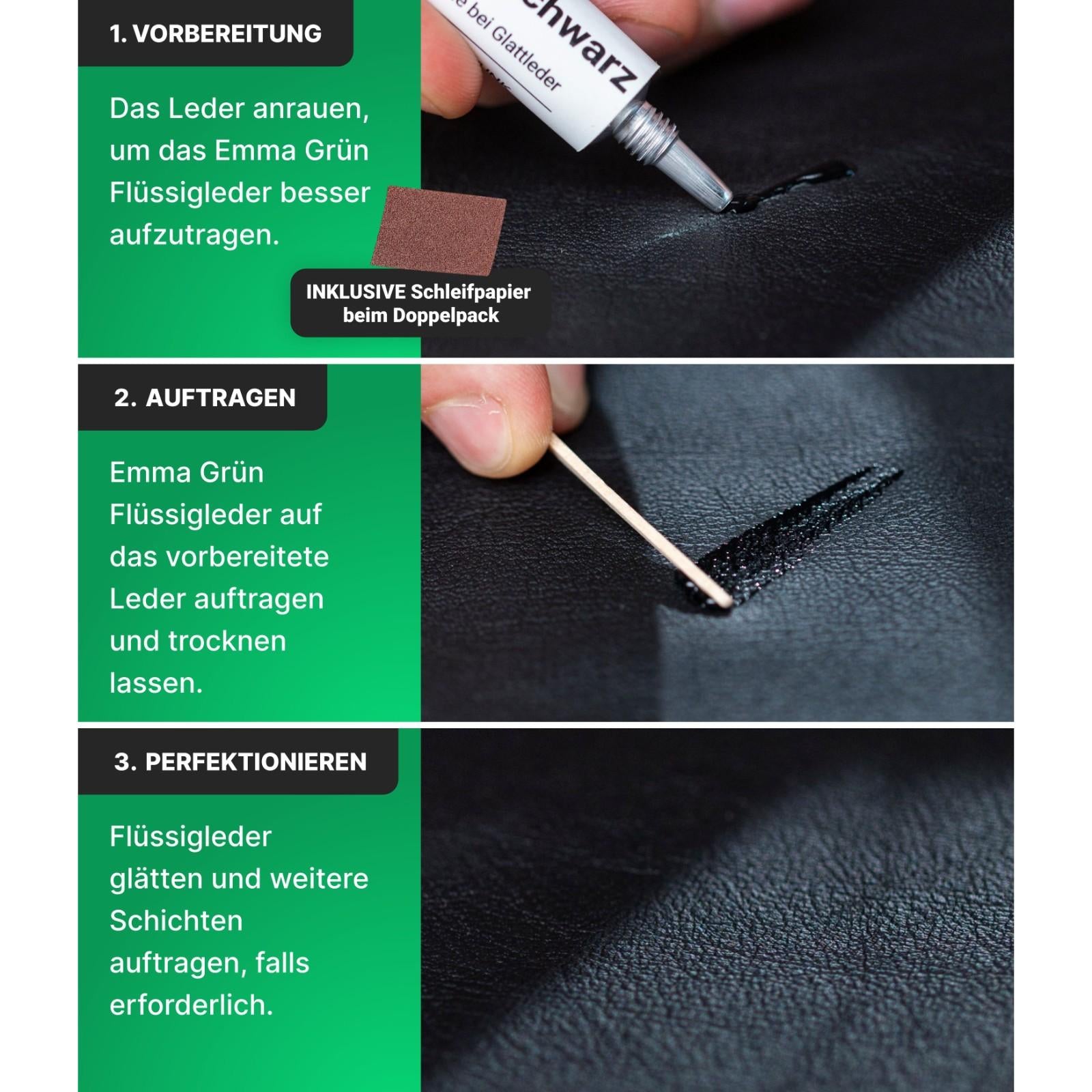 Leder Reparatur Set mit Reiniger, Flüssigleder & Schleifmatte Emma Grün
