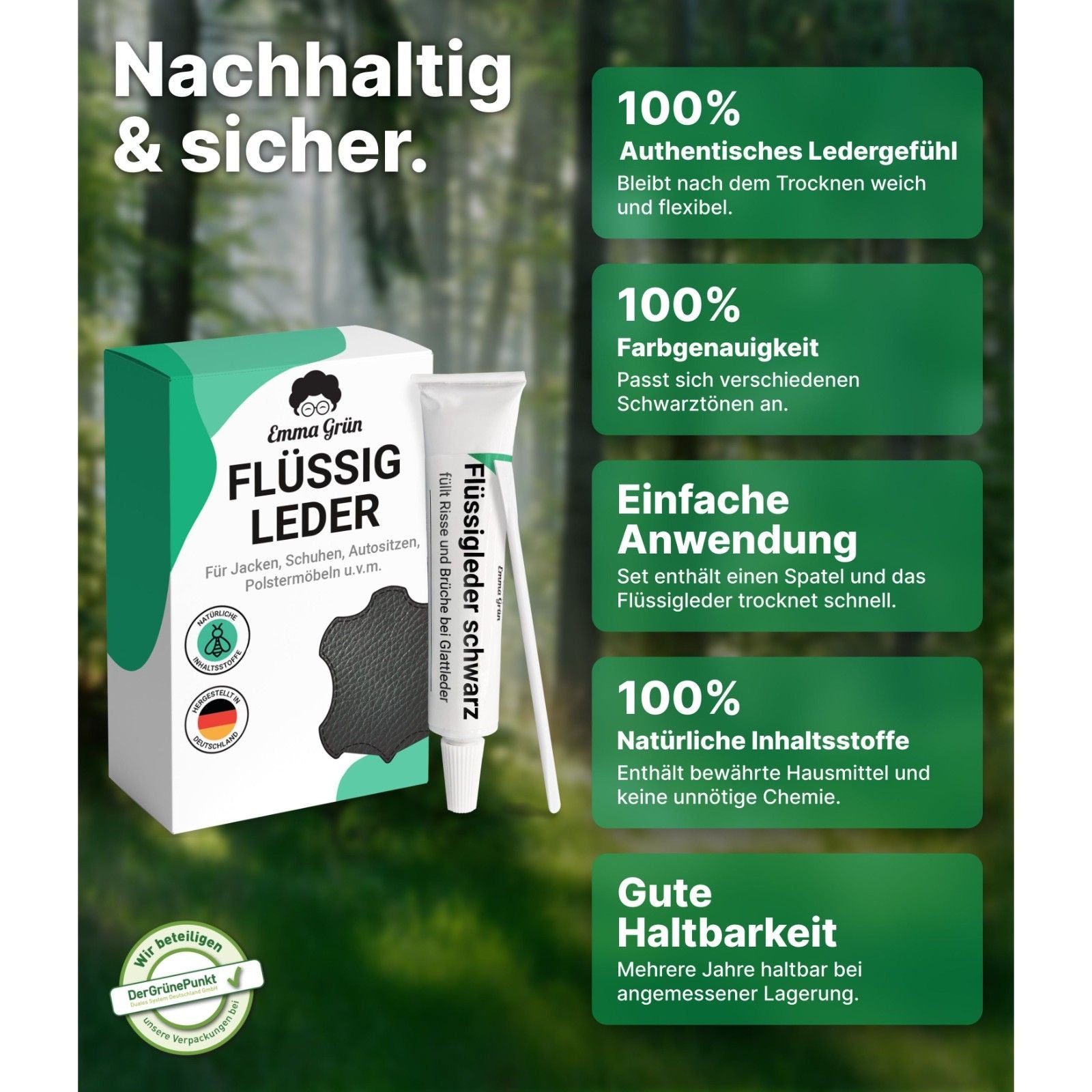 Leder Reparatur Set mit Reiniger, Flüssigleder & Schleifmatte Emma Grün