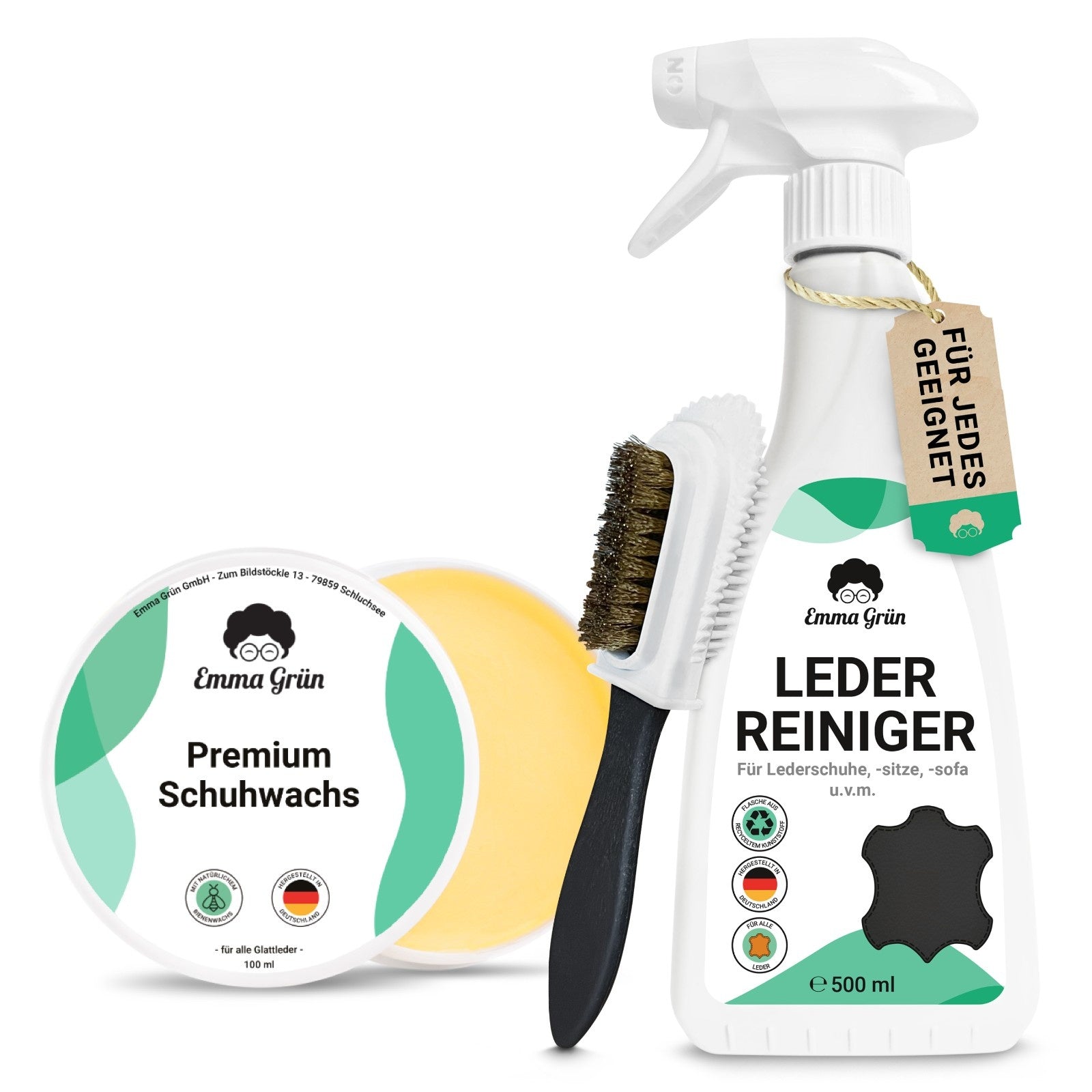 Lederschuhe pflegen Set mit Reiniger & Wachs Emma Grün