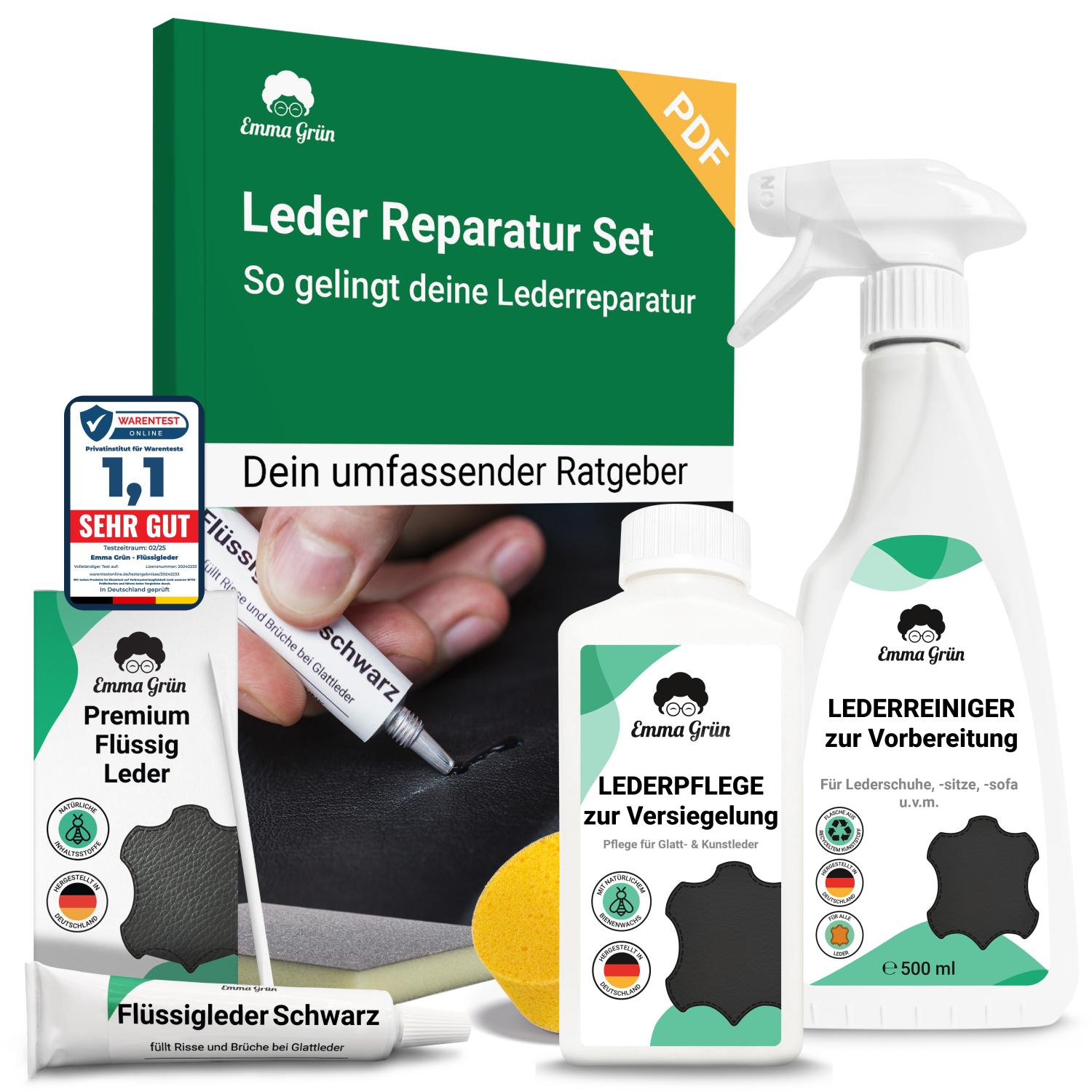 Leder Reparatur Komplettset mit Reiniger, Flüssigleder & Lederpflege Emma Grün