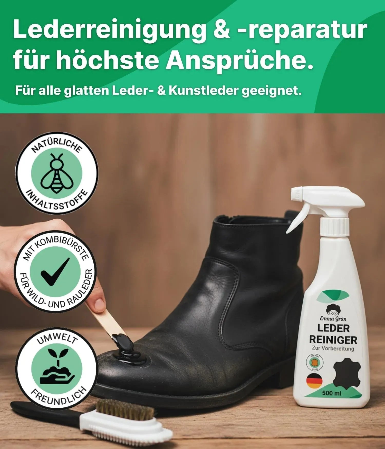 Leder Reparatur Set mit Reiniger, Flüssigleder & Schleifmatte (Schwarz) Emma Grün