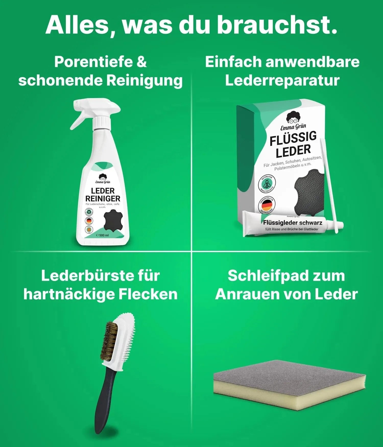 Leder Reparatur Set mit Reiniger, Flüssigleder & Schleifmatte (Schwarz) Emma Grün